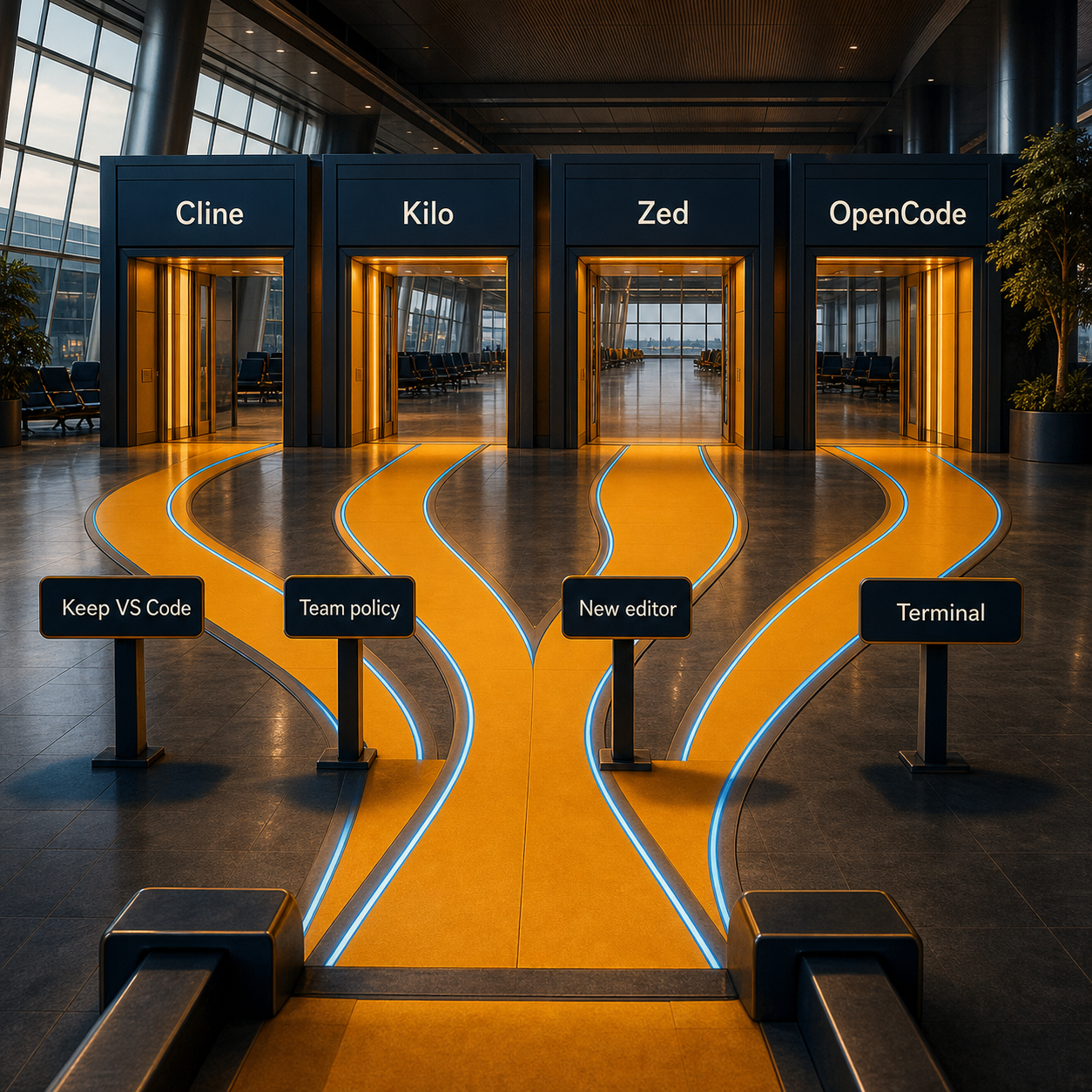 Decision flow routing builders to Cline, Kilo Code, Zed, or OpenCode