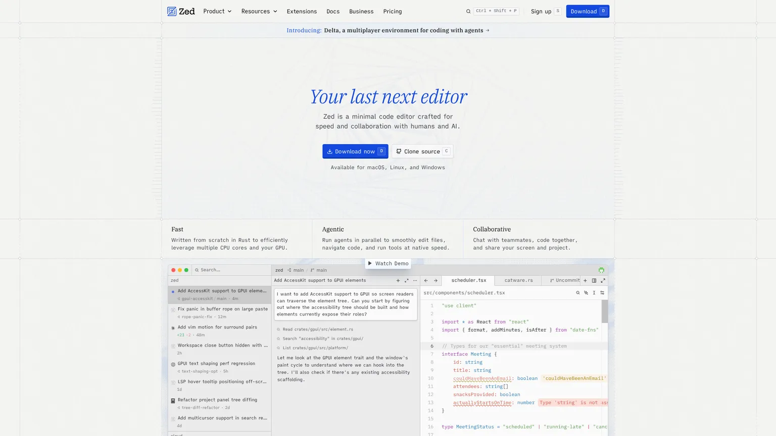 Homepage dell'editor di codice Zed