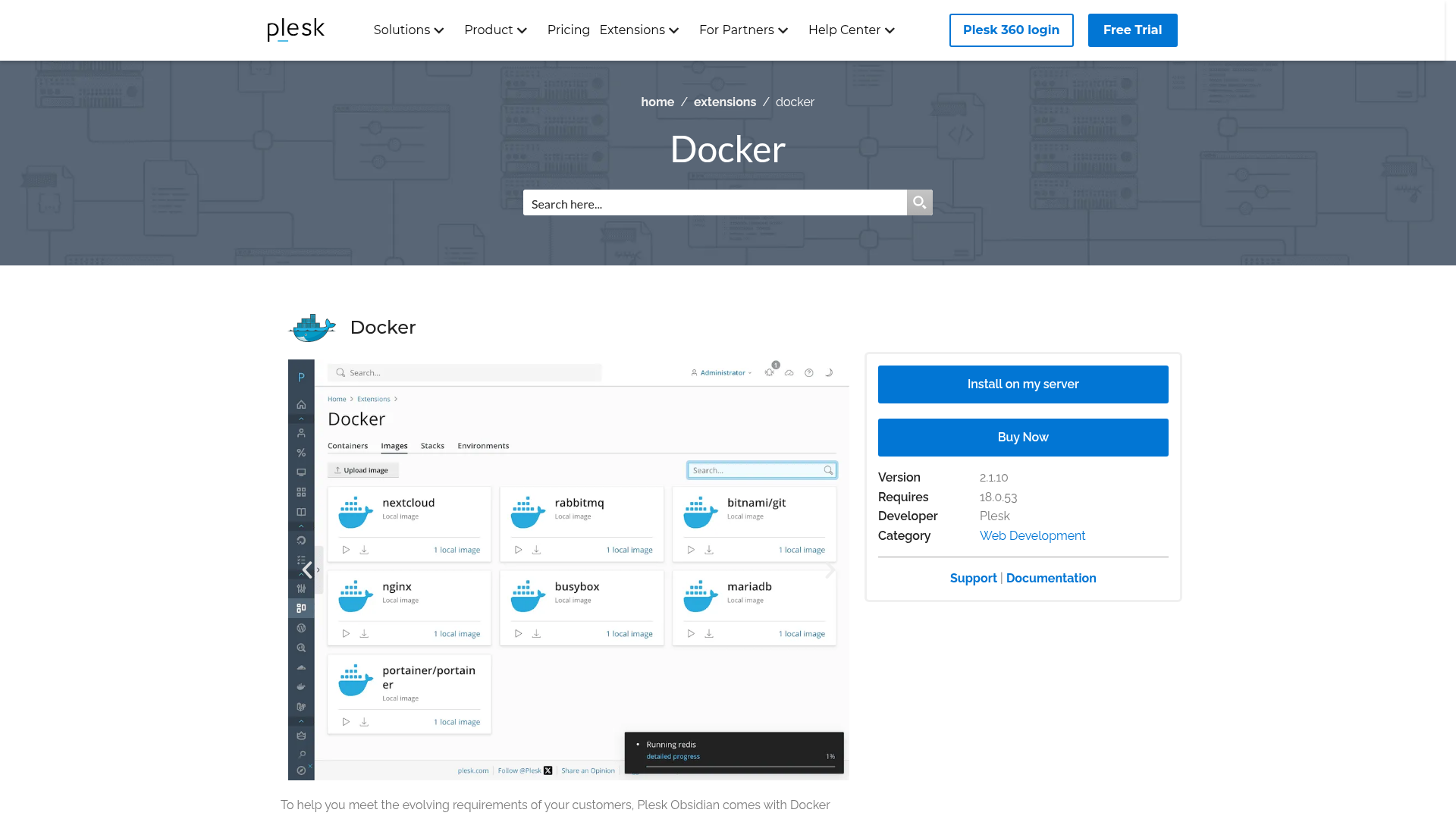 Plesk Docker extension page showing container and Docker Compose management