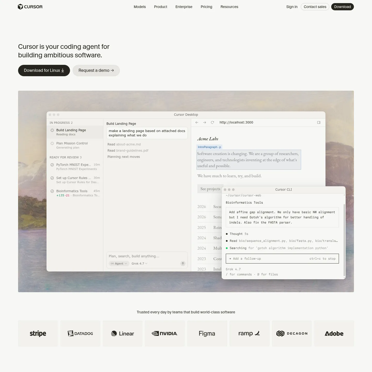 Cursor product site showing its coding agent and model-selection workflow