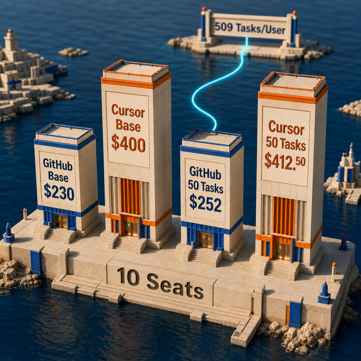 Column chart comparing ten-seat GitHub and Cursor base costs and costs at fifty agent tasks per person