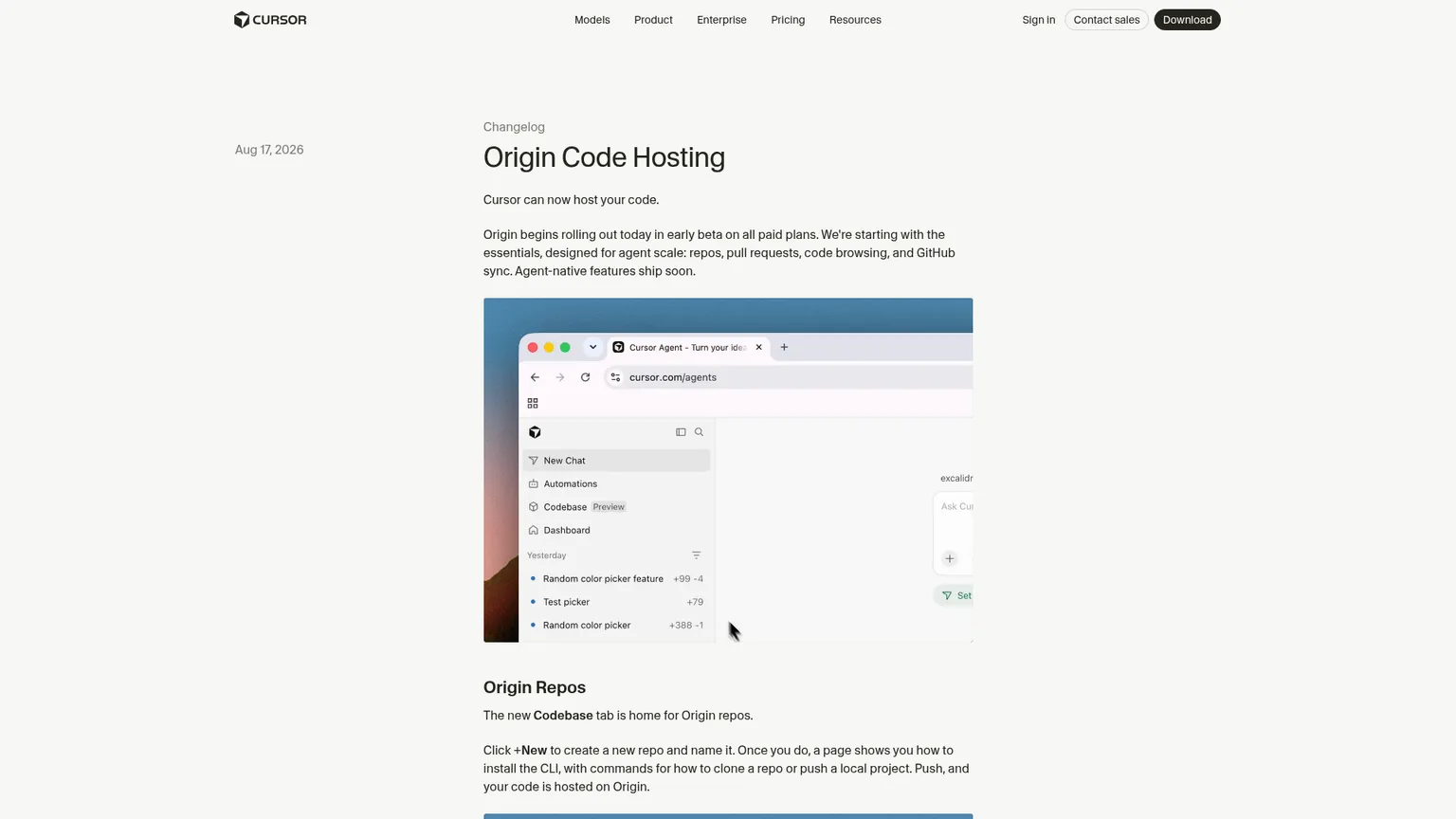 Страница хостинга кода Cursor Origin с репозиториями и pull request