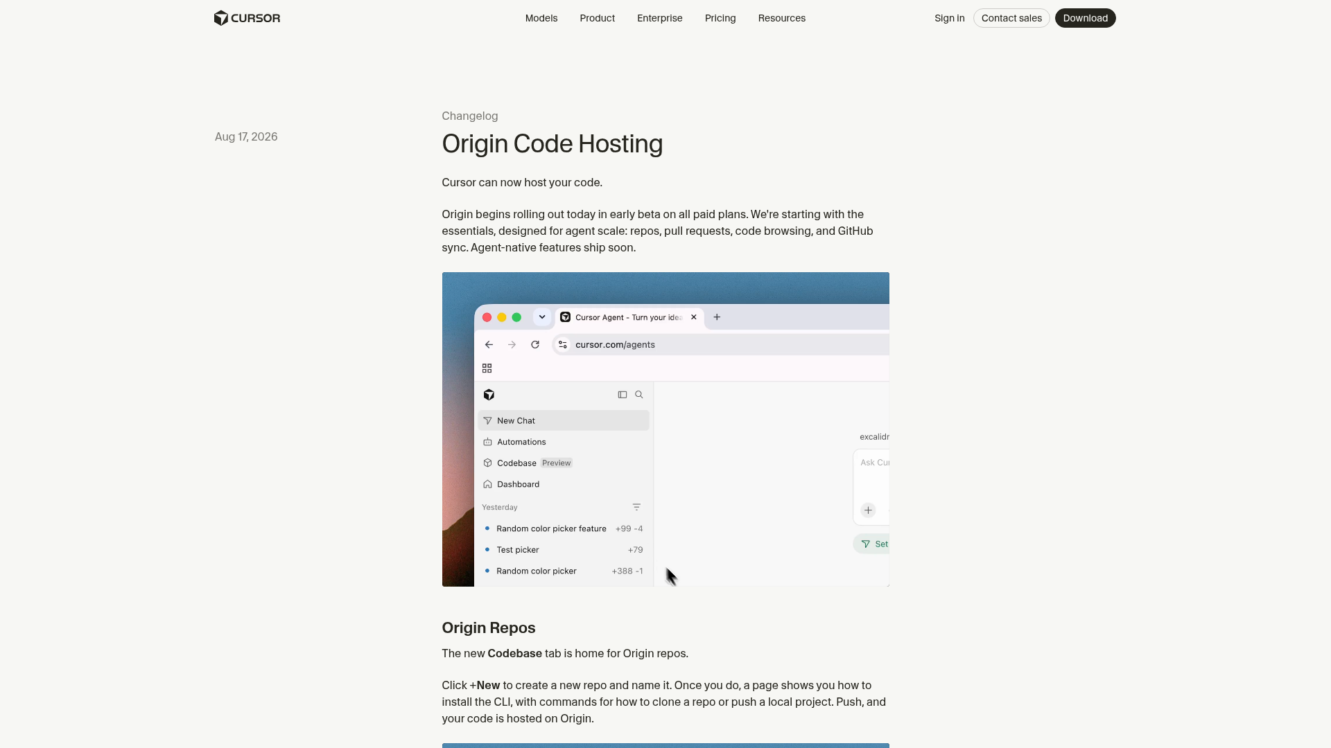 Cursor Origin code hosting product page showing repositories and pull requests