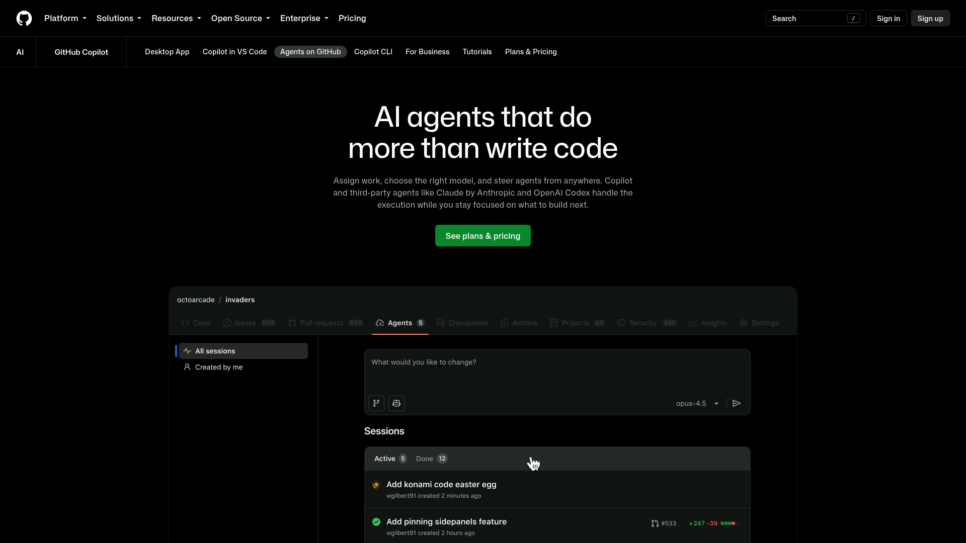 GitHub Copilot Agents page showing agent work managed through GitHub