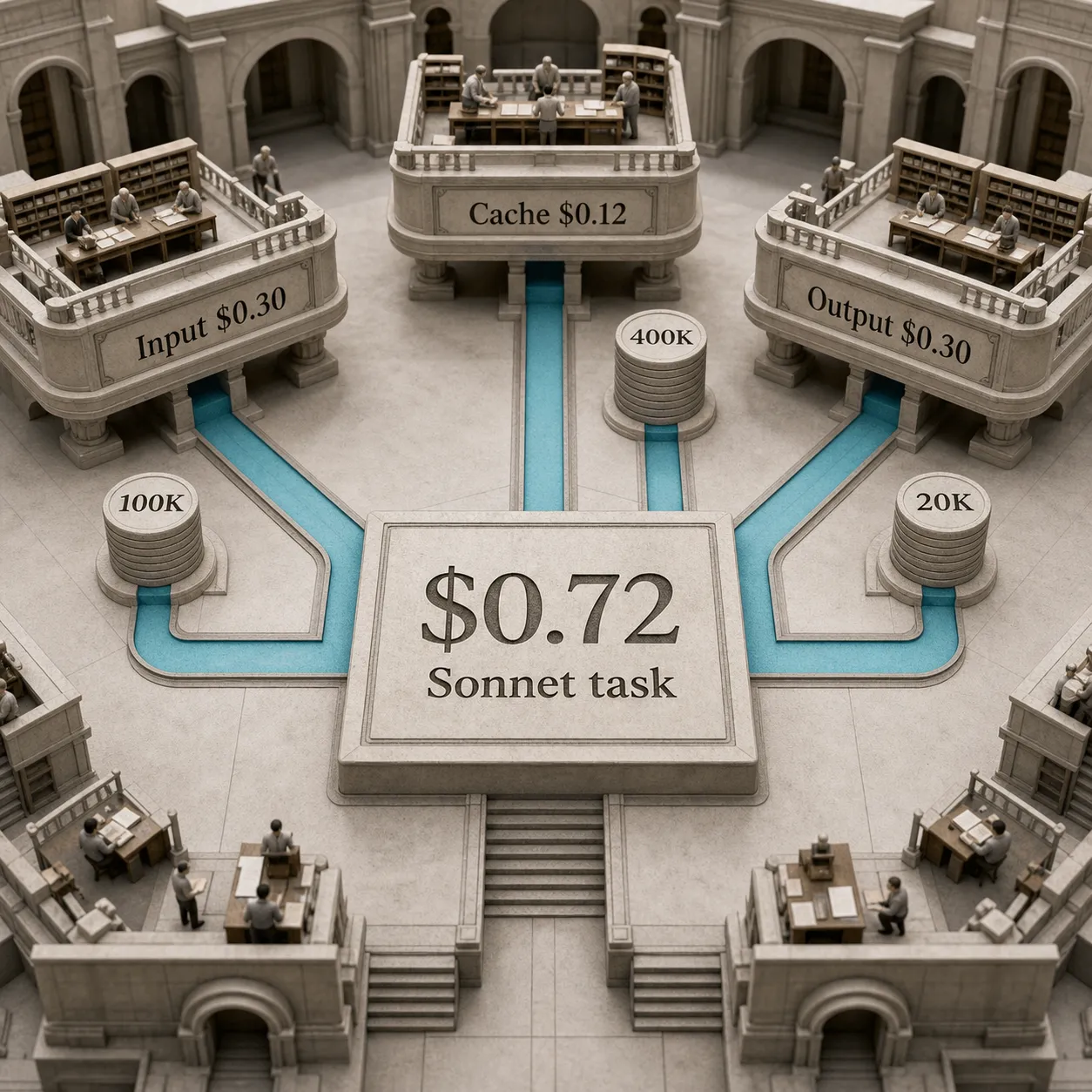 Architectural cost breakdown showing a $0.72 Claude Sonnet 5 task from $0.30 input, $0.12 cache reads, and $0.30 output