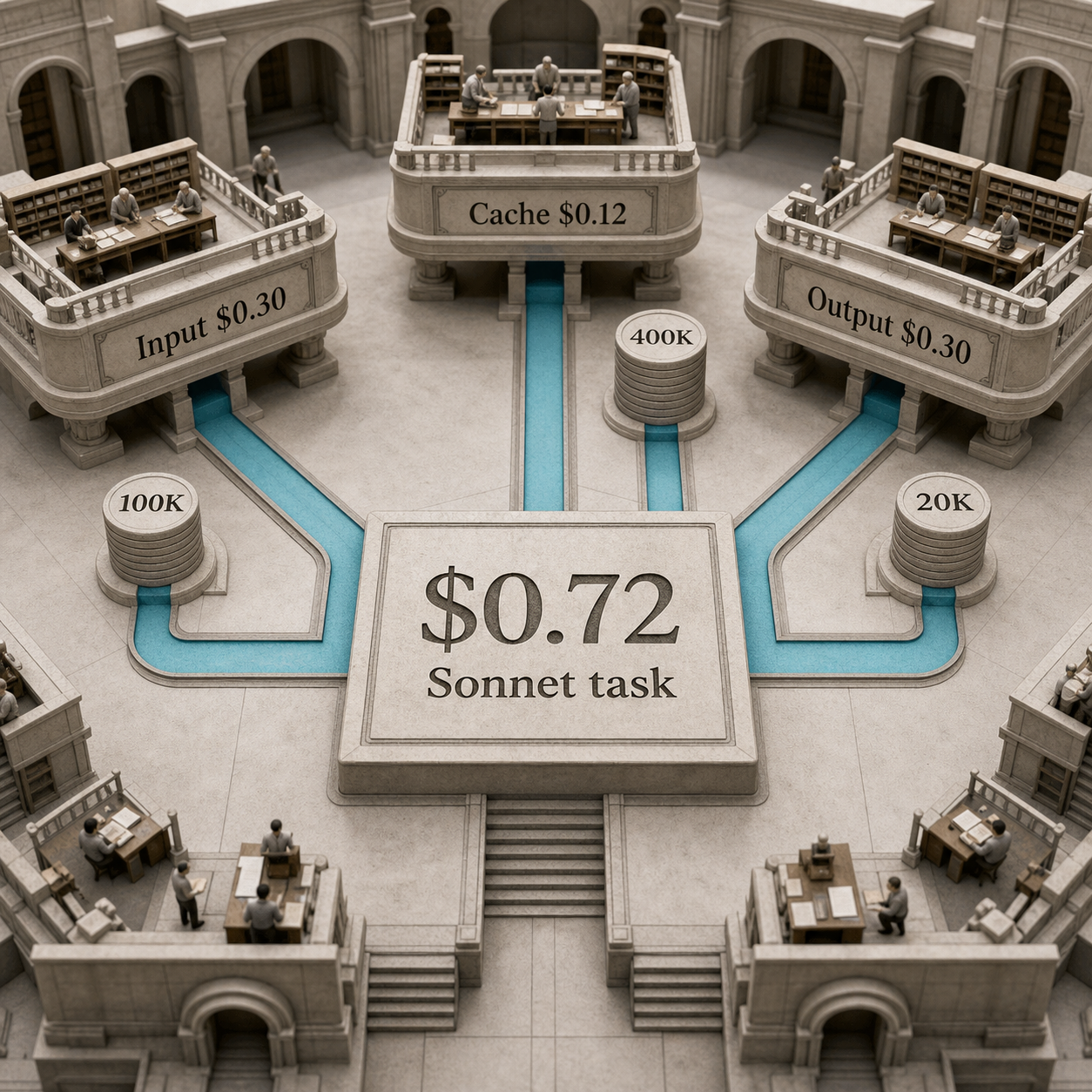 Architectural cost breakdown showing a $0.72 Claude Sonnet 5 task from $0.30 input, $0.12 cache reads, and $0.30 output