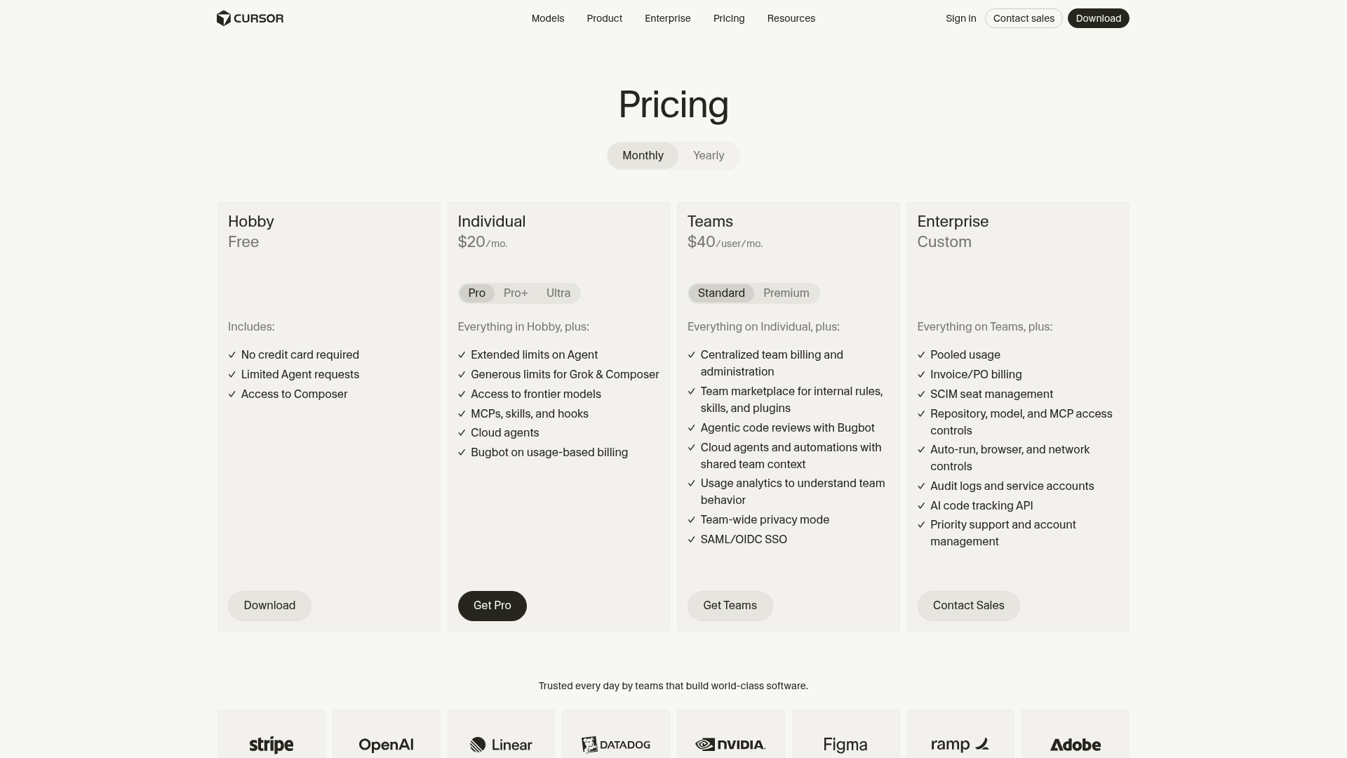Cursor pricing page with Hobby, Pro, Pro Plus, Ultra, Teams, and Enterprise plans
