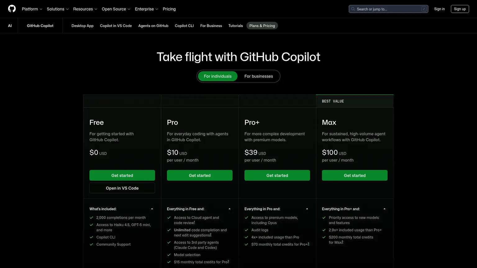 GitHub Copilot pricing page with Free, Pro, Pro Plus, and Max individual plans