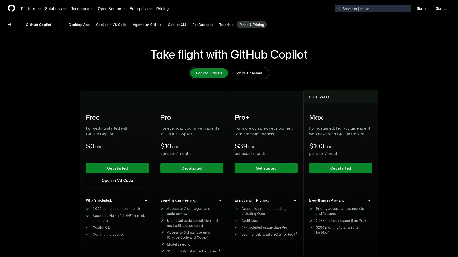 GitHub Copilot pricing page with Free, Pro, Pro Plus, and Max individual plans