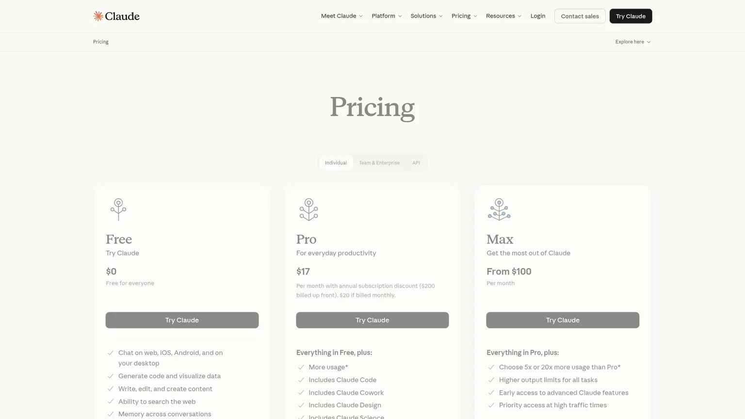 Claude pricing page showing Free, Pro, and Max plans with Claude Code included on paid plans