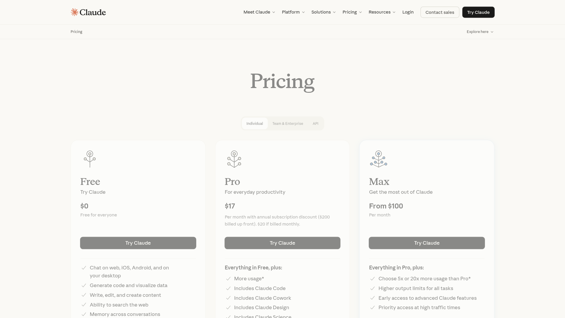 Claude pricing page showing Free, Pro, and Max plans with Claude Code included on paid plans