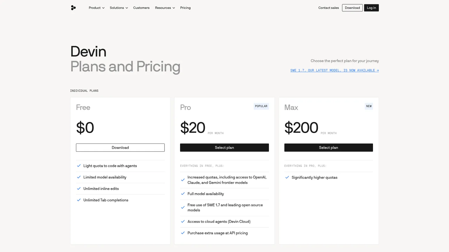Current Devin plans page reached from the Windsurf pricing URL, showing Free, Pro, Max, Teams, and Enterprise