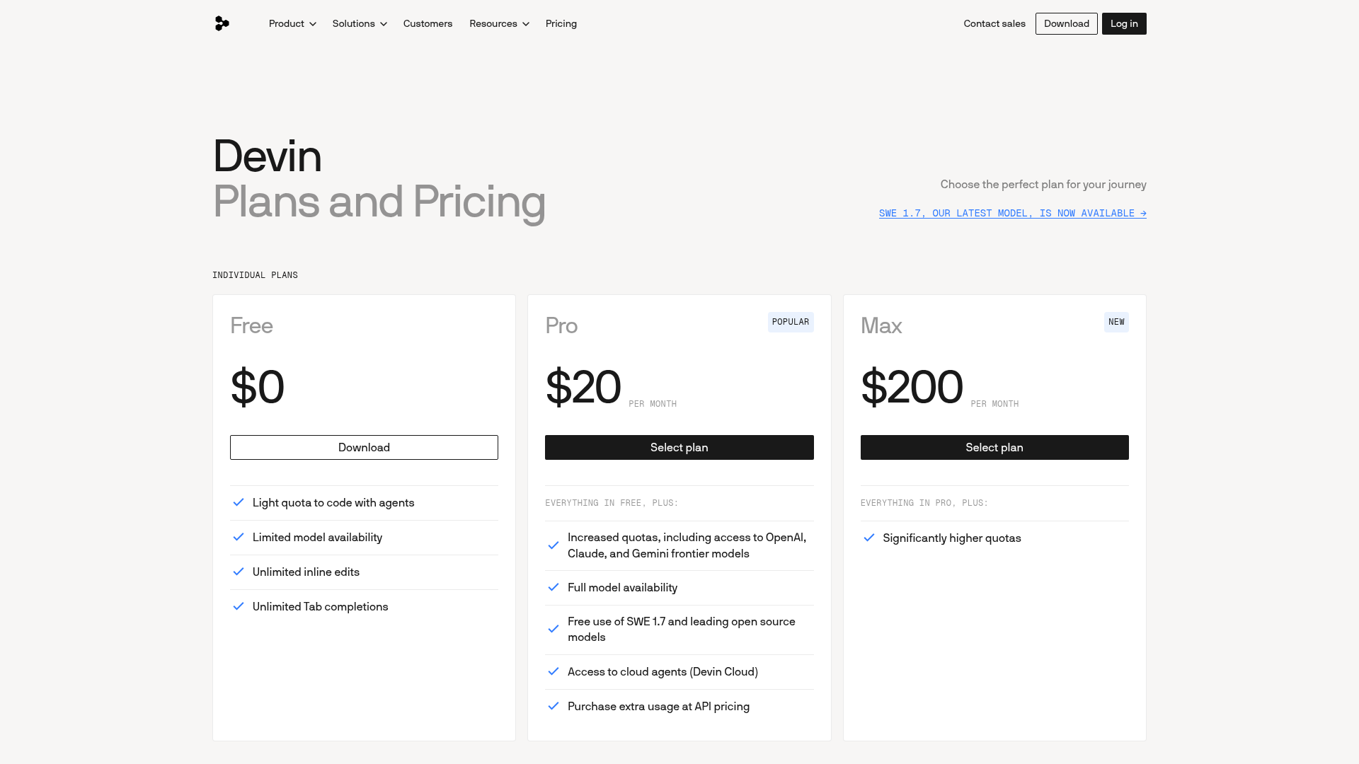 Current Devin plans page reached from the Windsurf pricing URL, showing Free, Pro, Max, Teams, and Enterprise