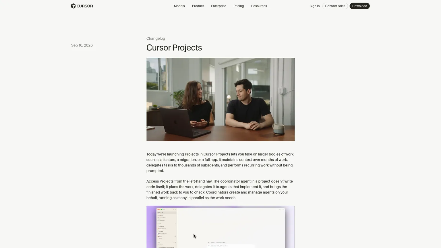 Cursor Projects launch page showing the coordinator, shared context, and subscriptions