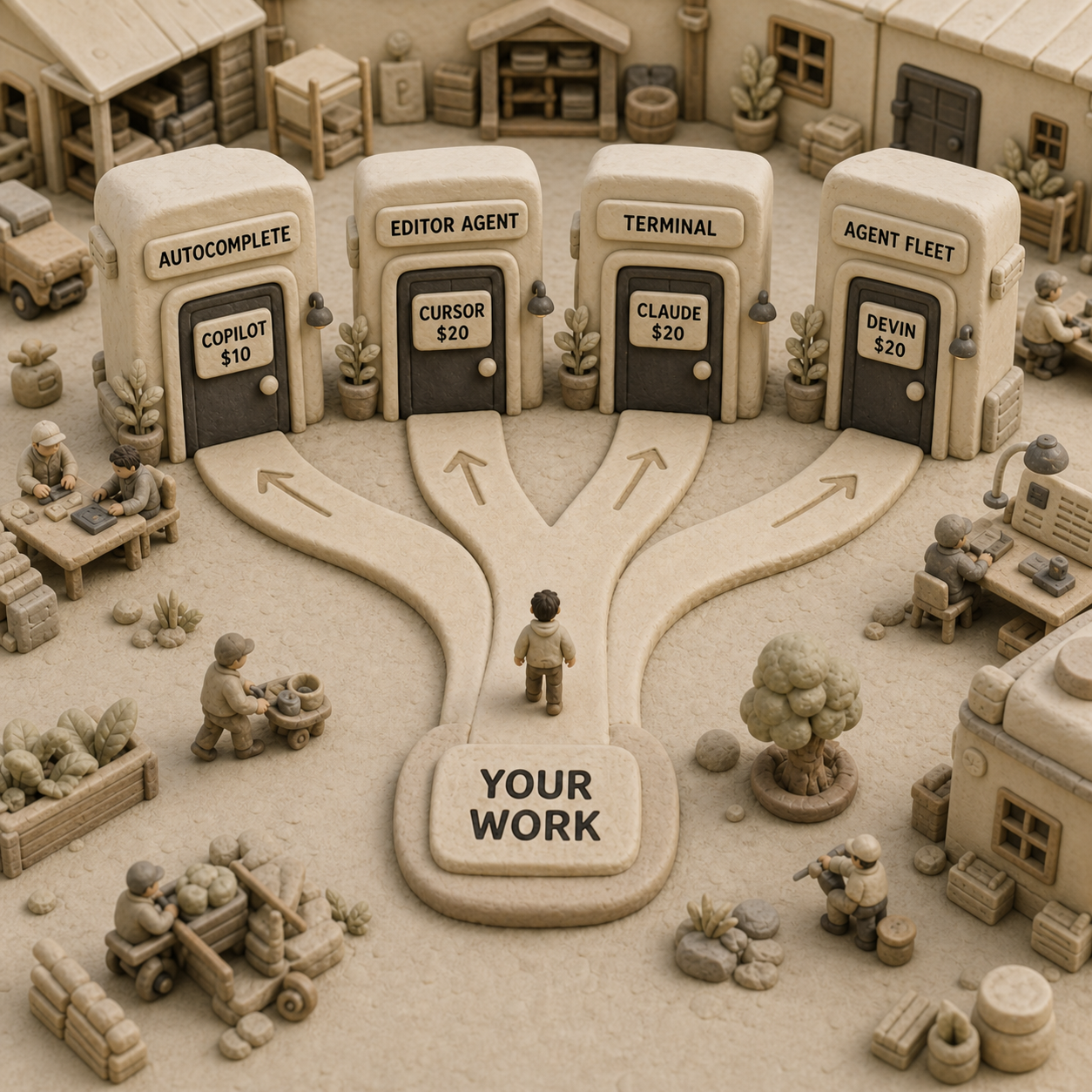 Decision flow routing autocomplete work to Copilot, editor-agent work to Cursor, terminal work to Claude Code, and agent fleets to Devin Desktop