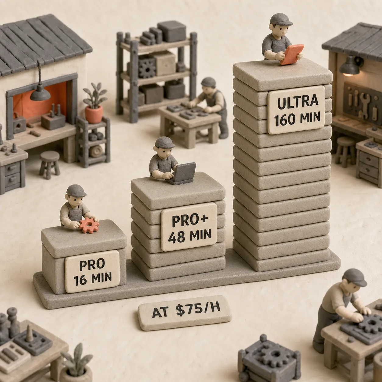時給75ドル換算でProは16分、Pro Plusは48分、Ultraは160分を毎月回収する必要があることを示す3本の柱