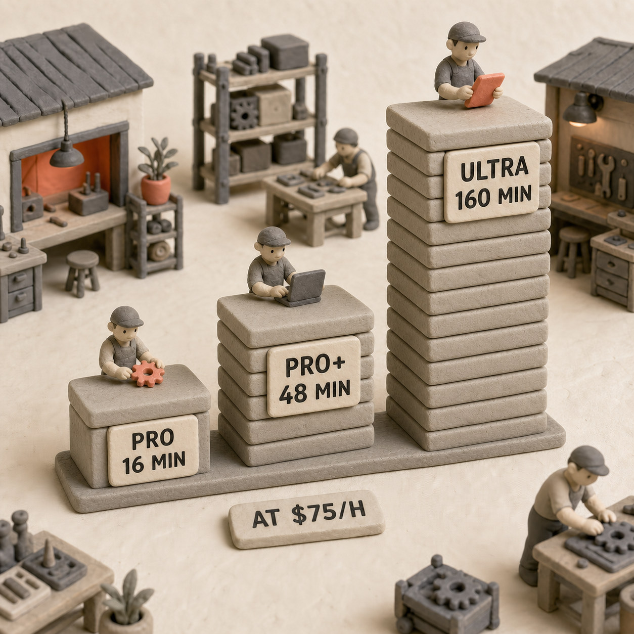 Three rising clay columns labeled Pro 16 minutes, Pro Plus 48 minutes, and Ultra 160 minutes monthly at 75 dollars per hour