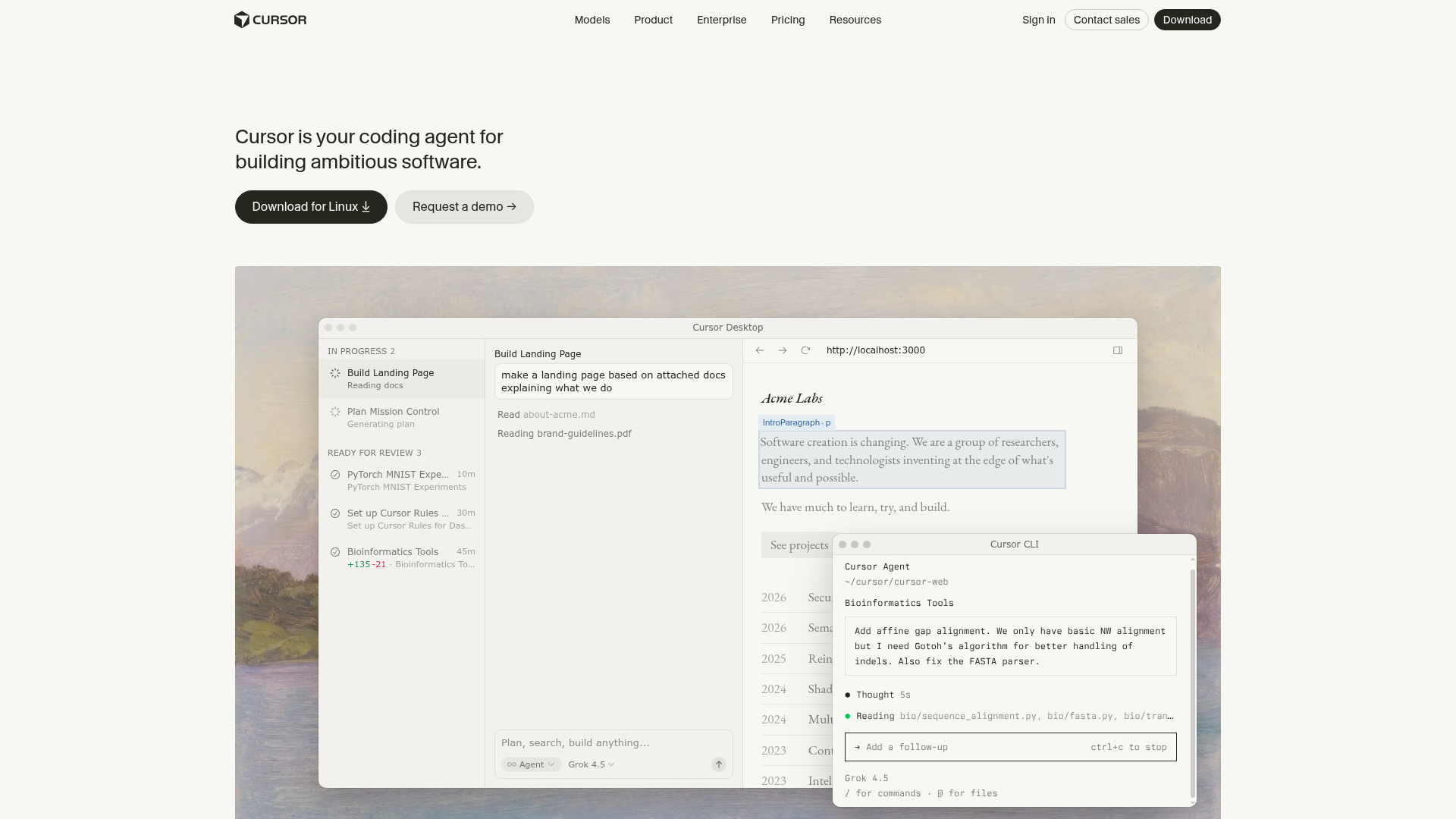 Cursor homepage showing its desktop, CLI, cloud agent, and automation surfaces