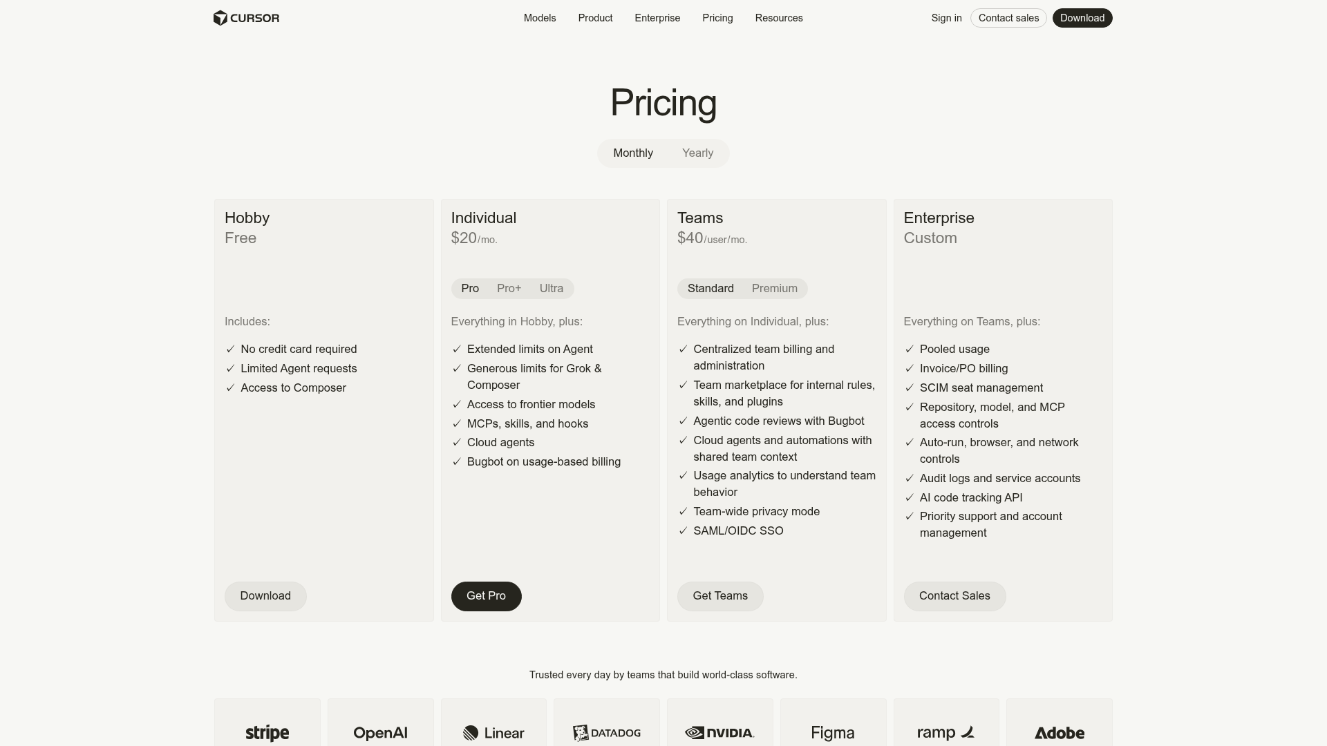 Cursor pricing page with Hobby, Pro, Pro Plus, Ultra, Teams, and Enterprise plans