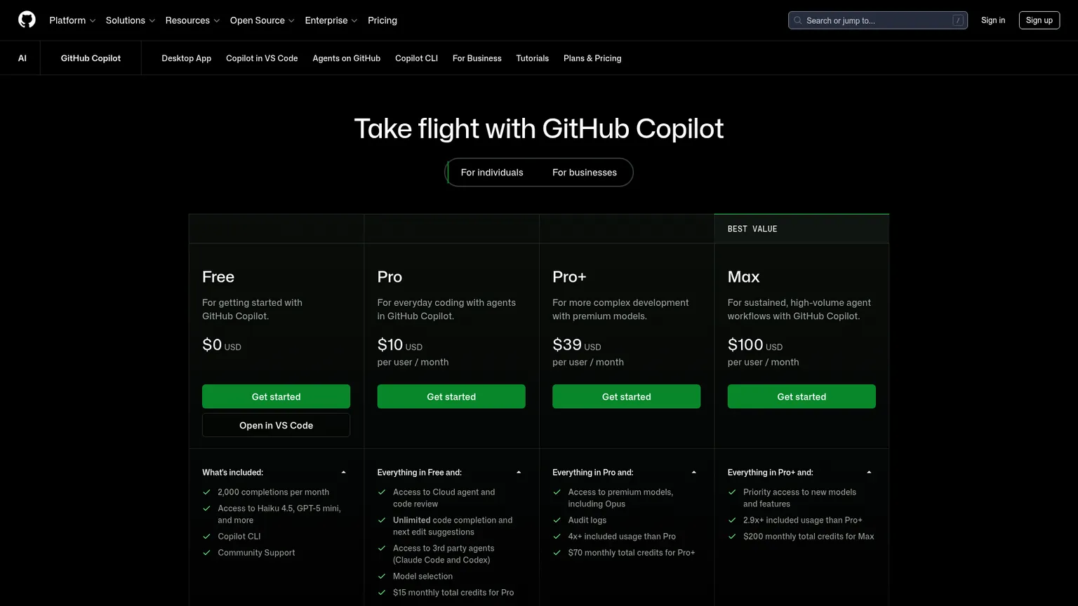 Free、Pro、Pro Plus、Maxプランを掲載したGitHub Copilotの料金ページ