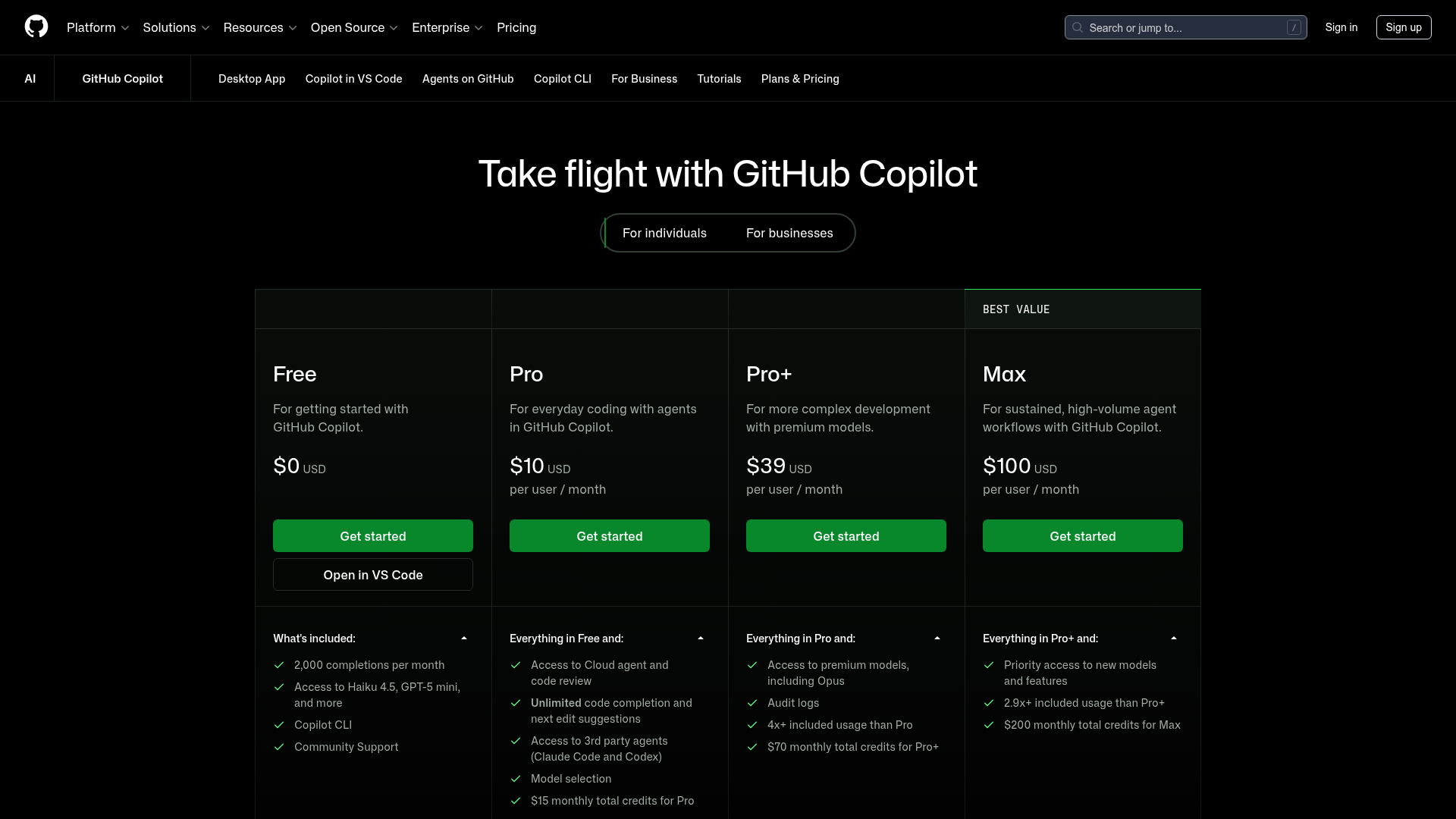 GitHub Copilot pricing page with Free, Pro, Pro Plus, and Max plans
