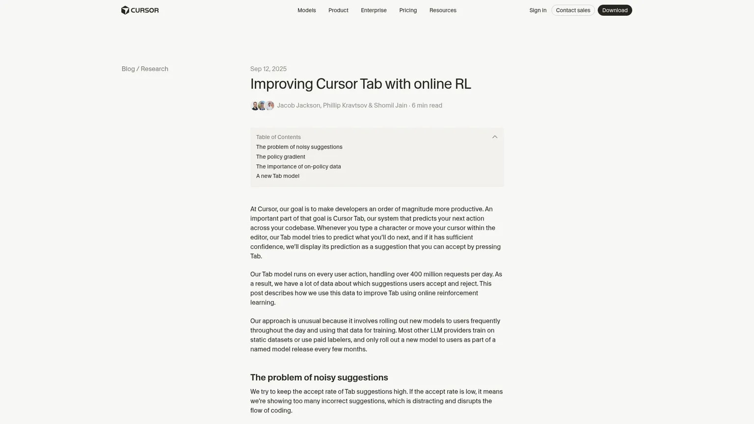 次のアクションの予測と受諾率向上の報告を解説するCursor Tabの研究ページ