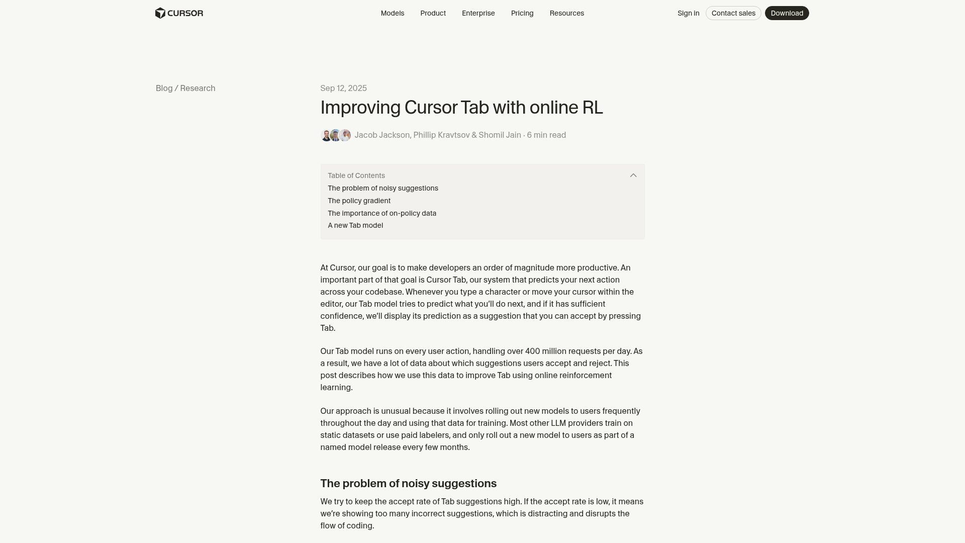 Cursor Tab research page explaining next-action prediction and a reported acceptance-rate improvement