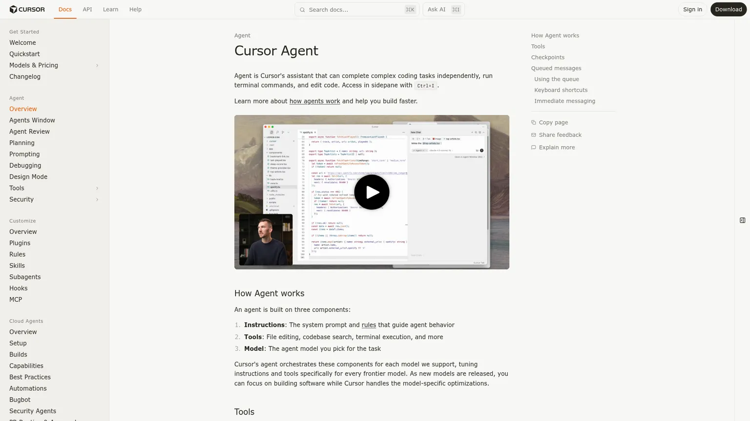 ツール、チェックポイント、キューに入ったメッセージの制御機能を表示するCursor Agentのドキュメント