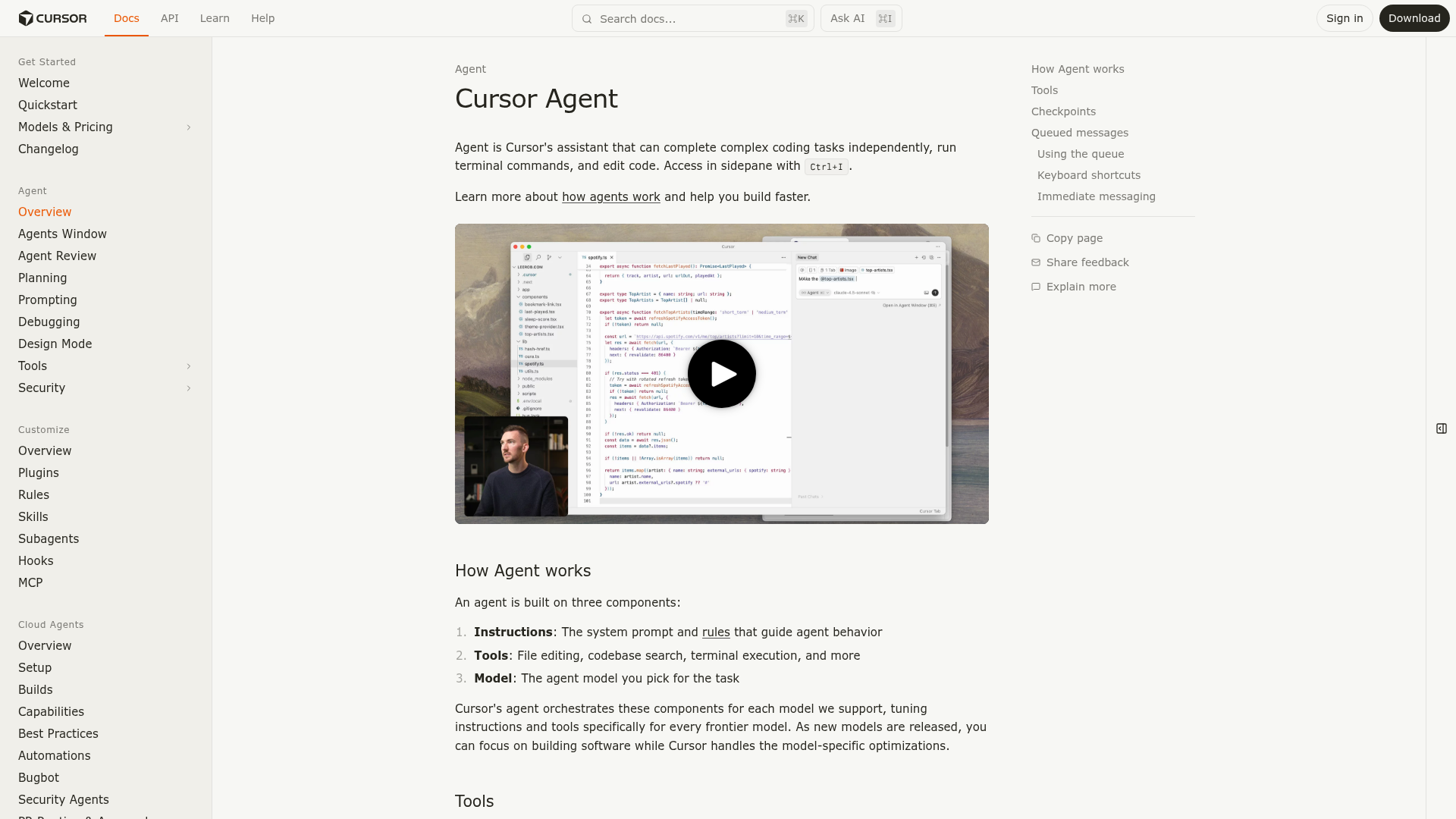 Cursor Agent documentation showing tools, checkpoints, and queued-message controls