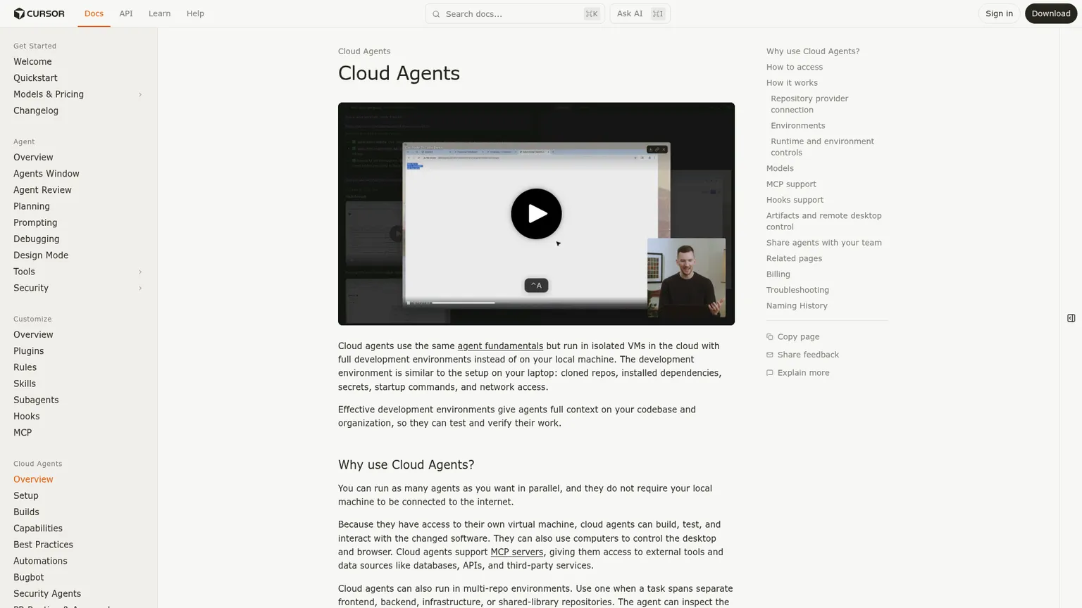 隔離されたVMワークフロー、起動インターフェース、成果物を表示するCursor Cloud Agentsのドキュメント