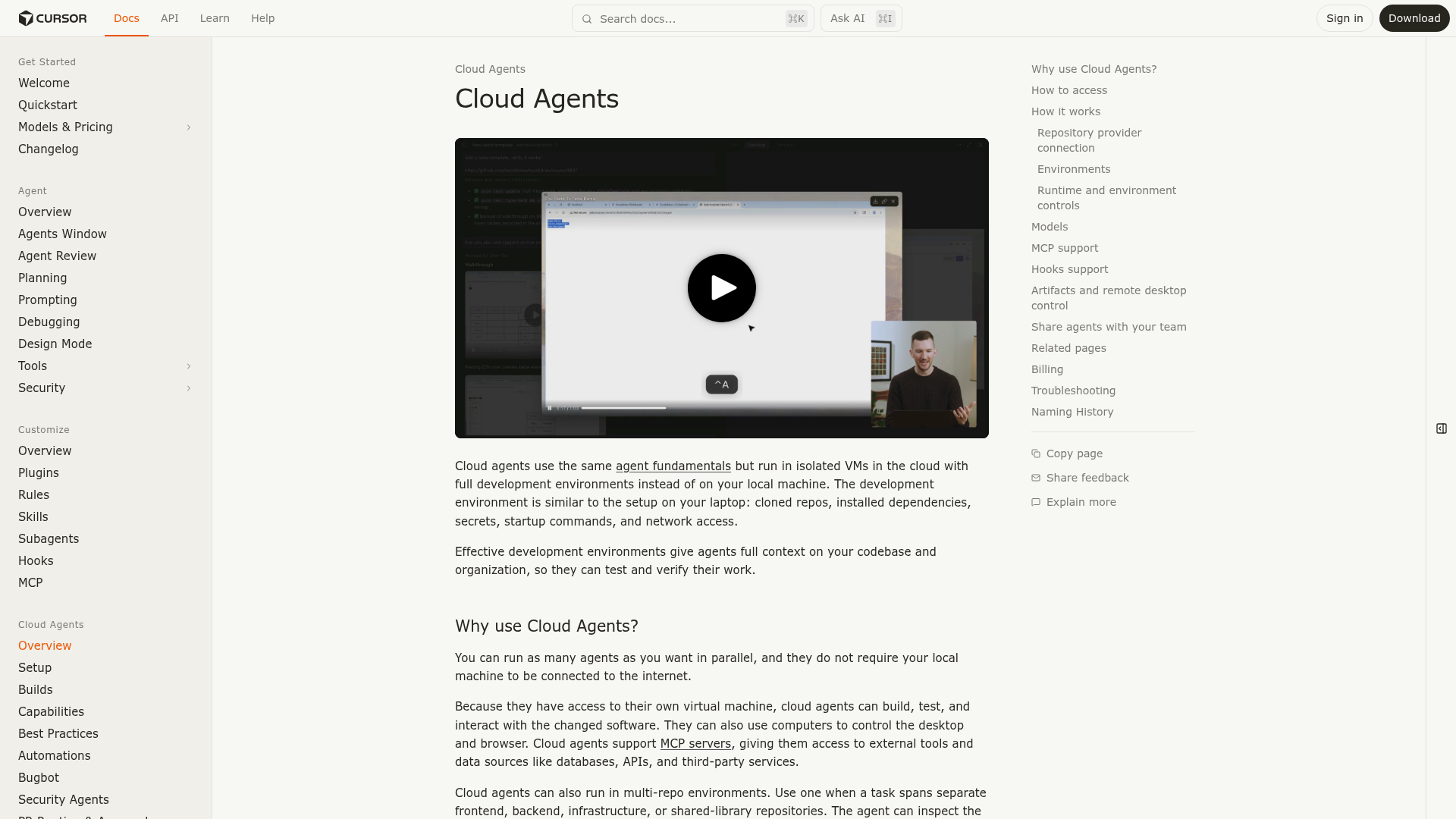 Cursor Cloud Agents documentation showing isolated VM workflows, launch surfaces, and artifacts