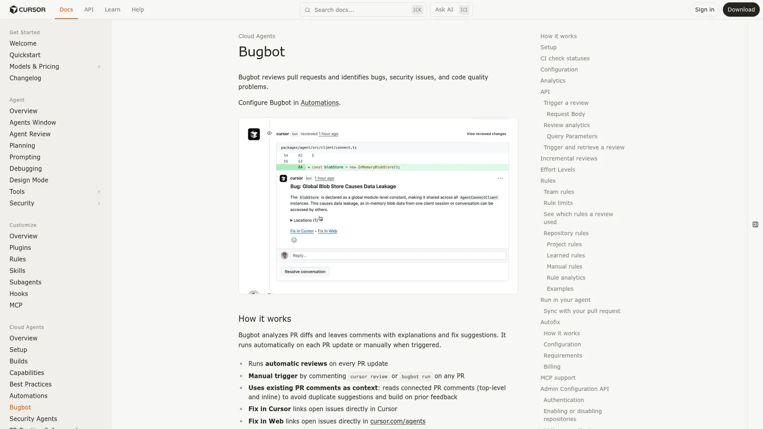 PRレビュー、リポジトリルール、Autofix、請求体系を表示するCursor Bugbotのドキュメント