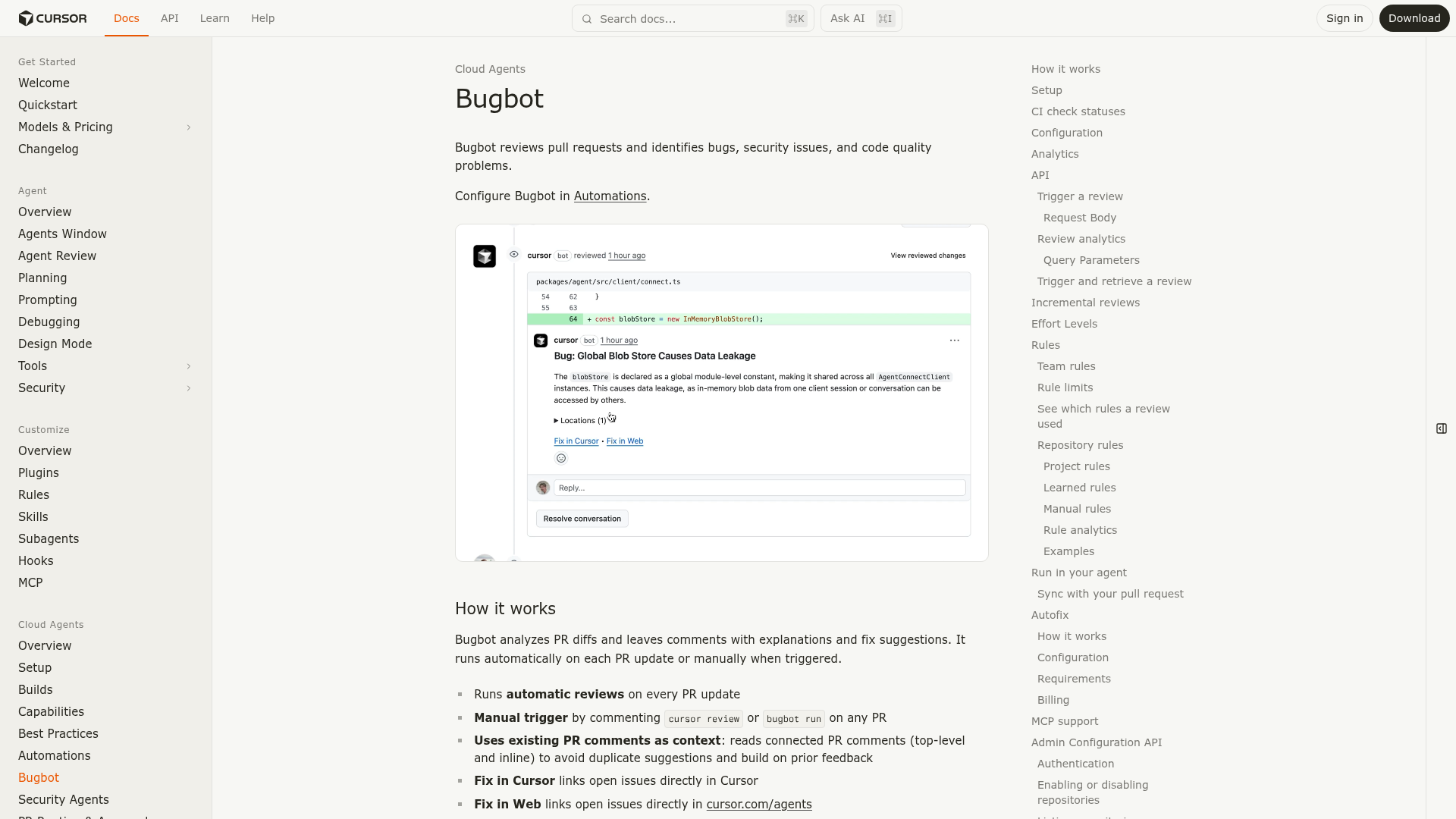 Cursor Bugbot documentation showing PR reviews, repository rules, Autofix, and billing