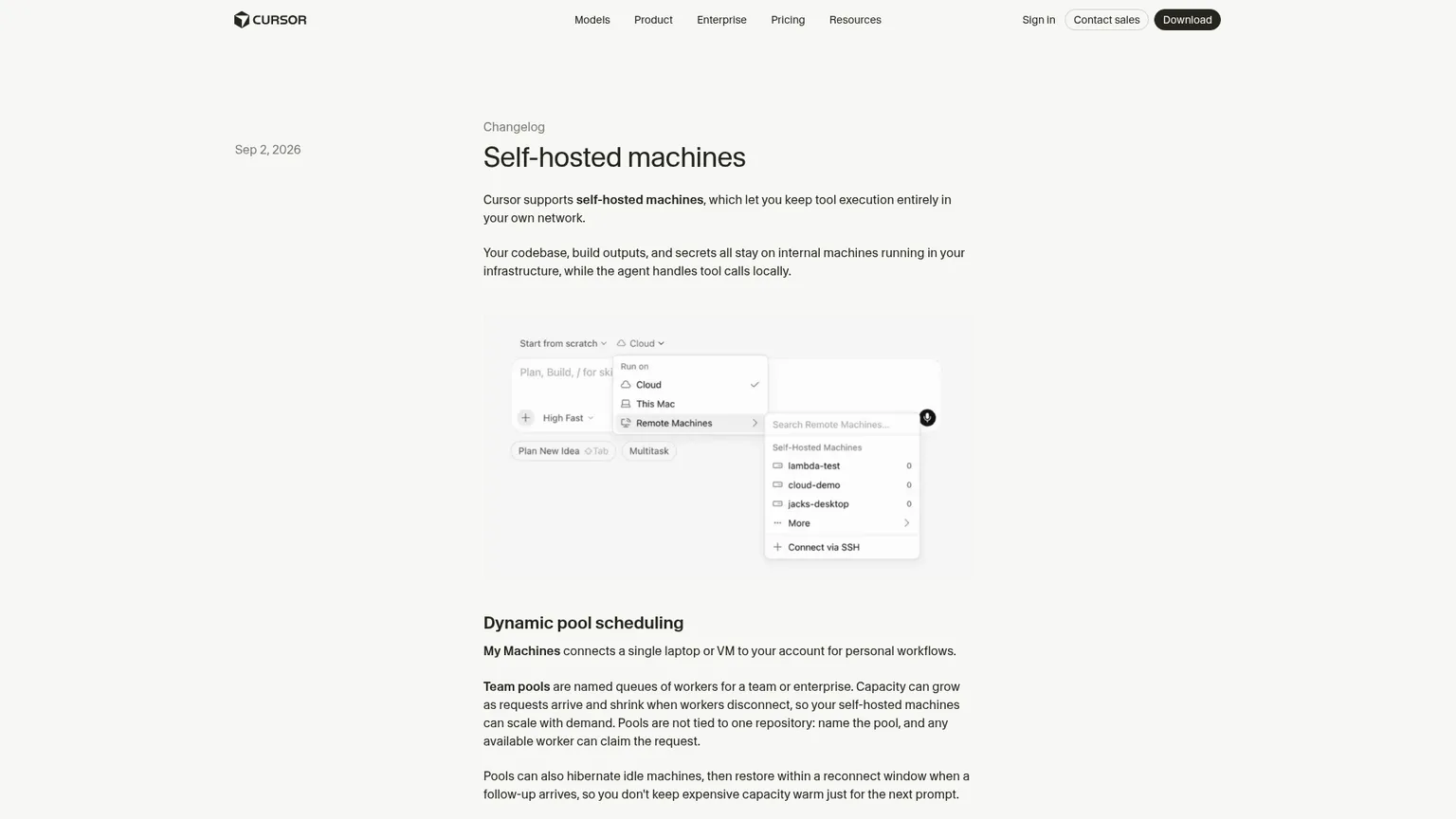 Cursor's Run on menu and Self-Hosted Machines pool dashboard