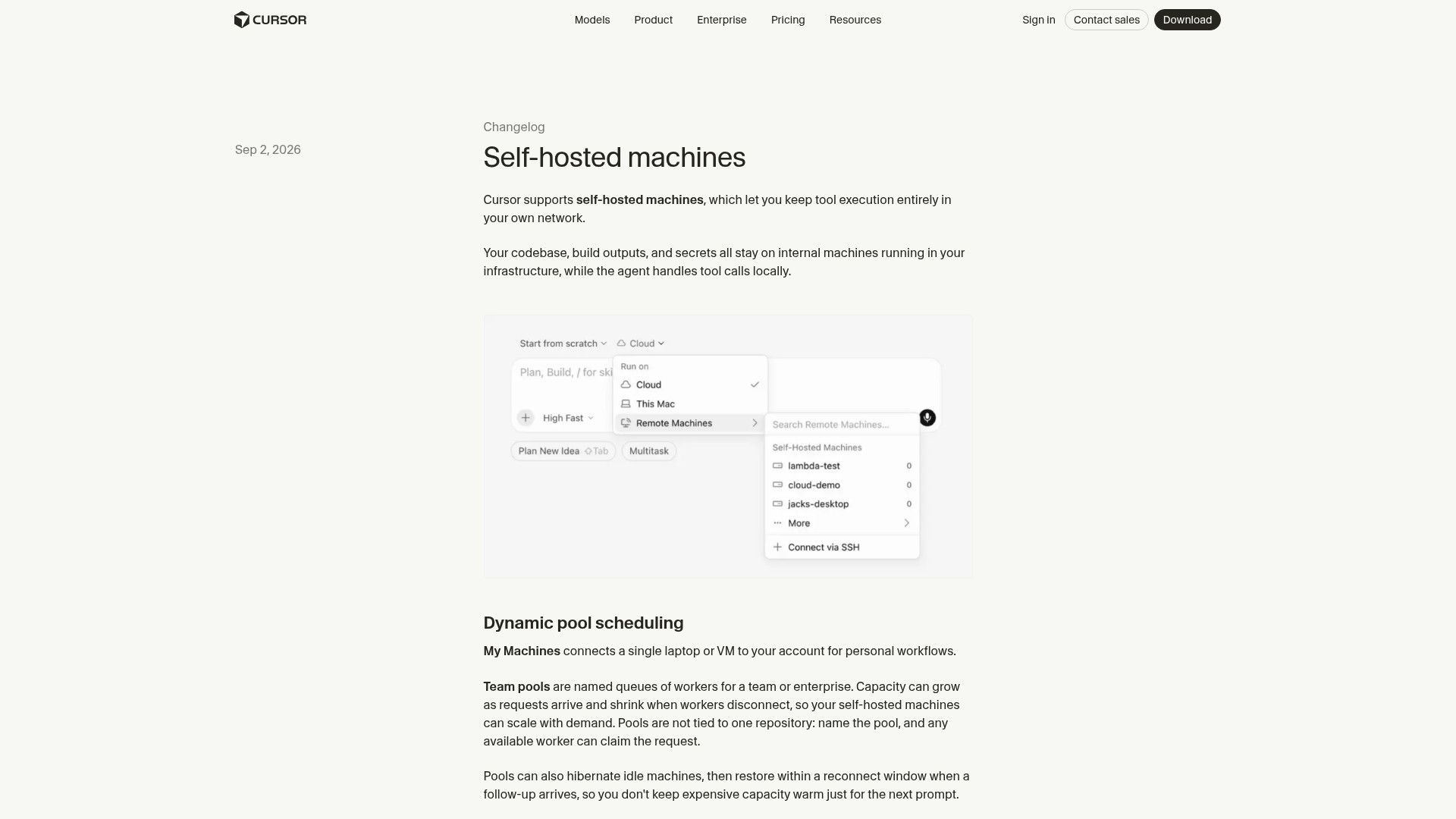 Cursor's Run on menu and Self-Hosted Machines pool dashboard