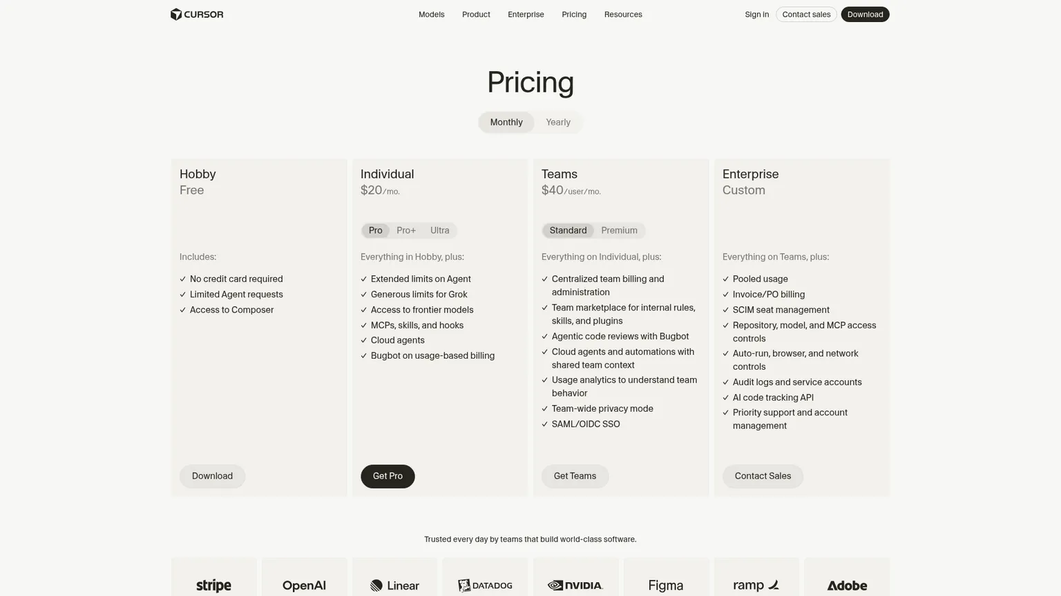 Página de precios de Cursor Teams y Enterprise con funciones para equipos y controles empresariales