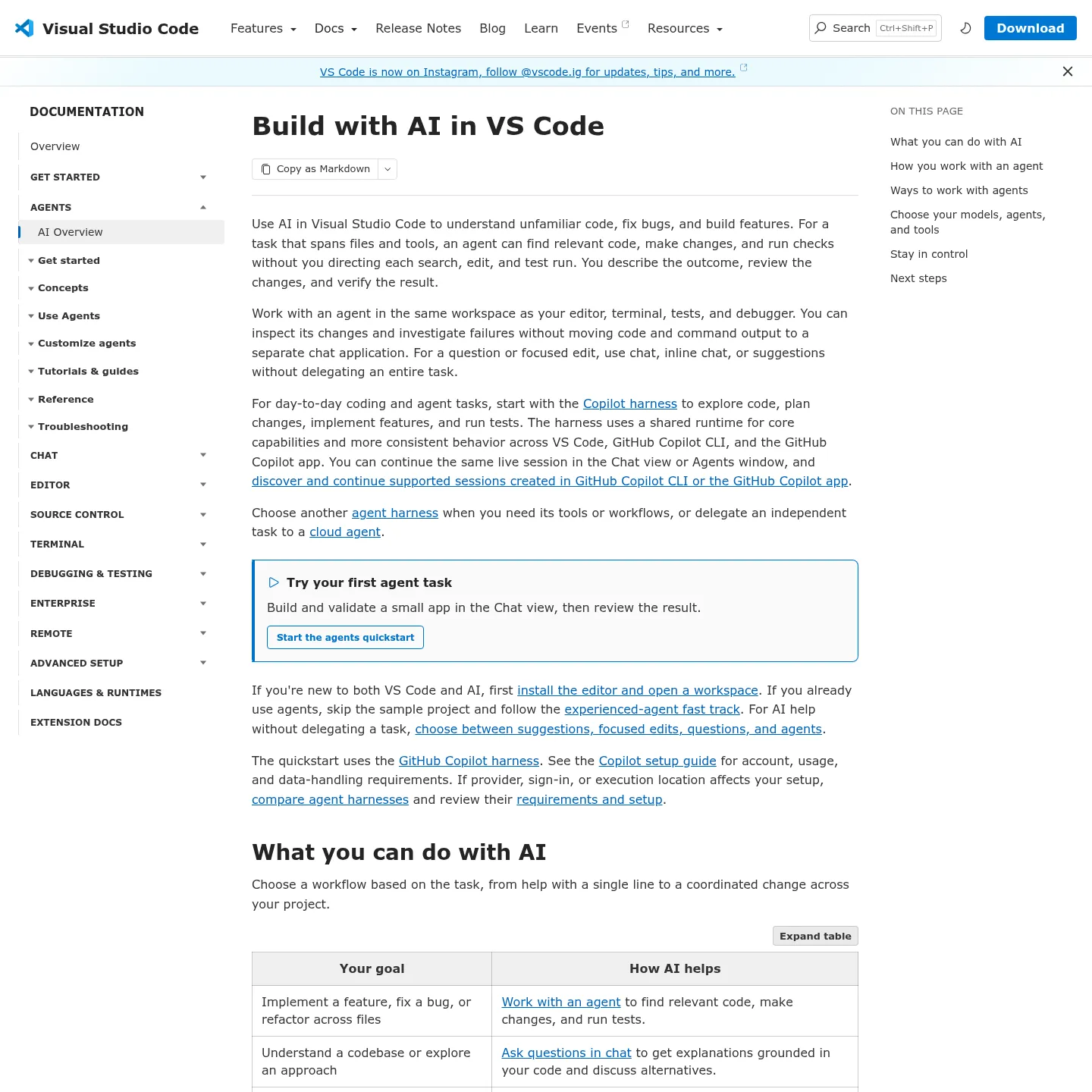 وثائق الذكاء الاصطناعي الرسمية من VS Code تعرض عمل الوكيل إلى جانب المحرر