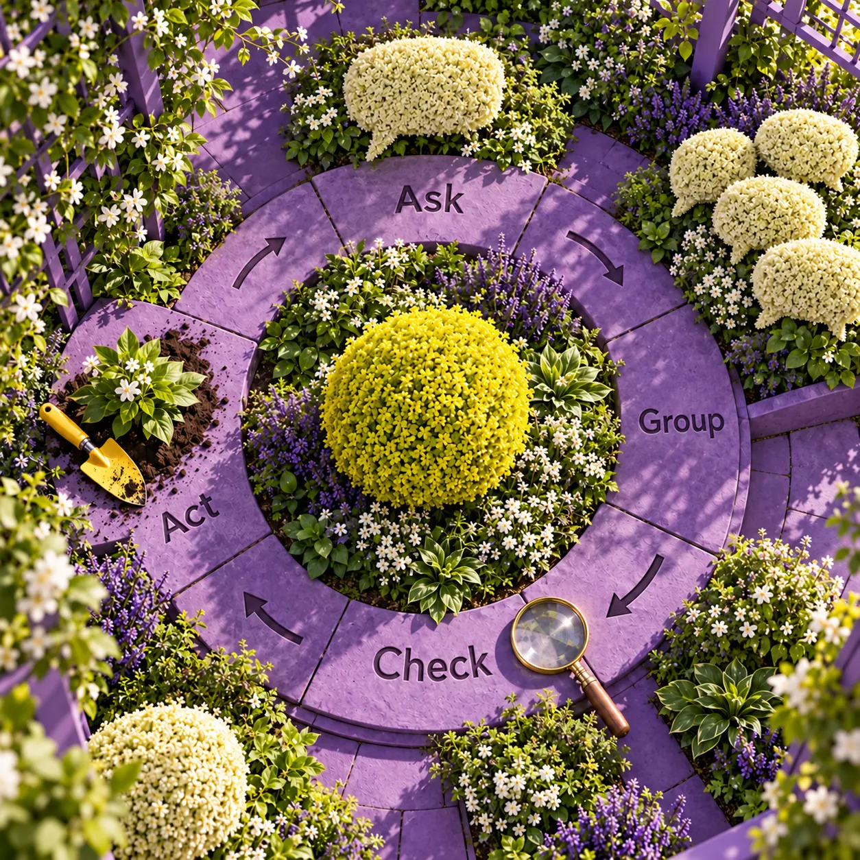 A circular weekly feedback process with Ask, Group, Check and Act returning to Ask