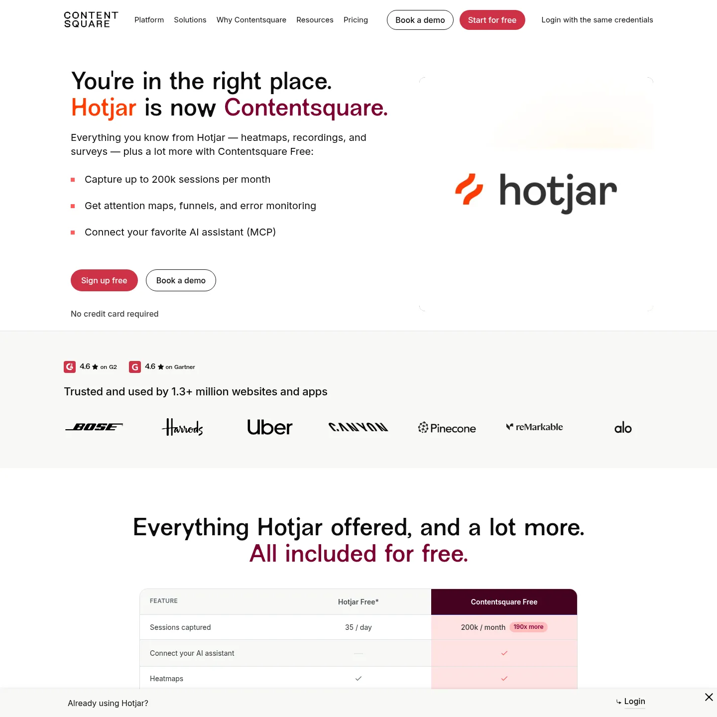 Contentsquare's current page for Hotjar users showing surveys and behavior tools