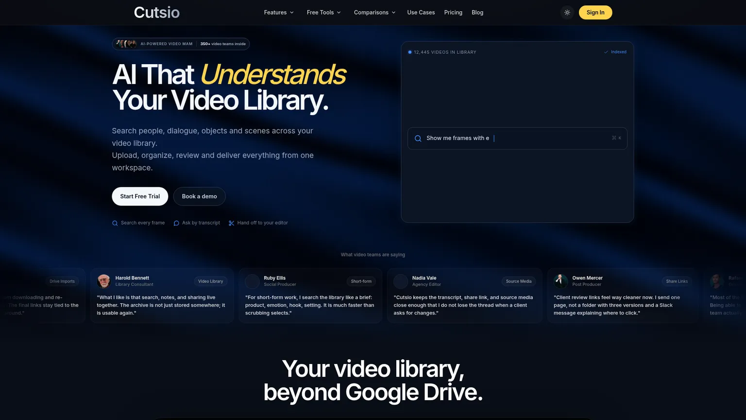 الصفحة الرئيسية لـ Cutsio وبطاقات باقات Pro وStudio وEnterprise الحالية