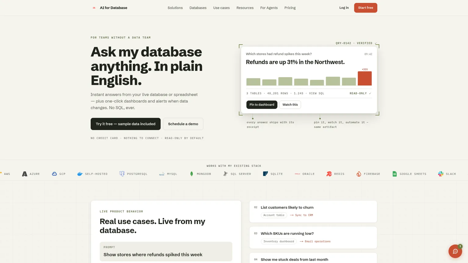 AI for Database natural-language query and dashboard product page