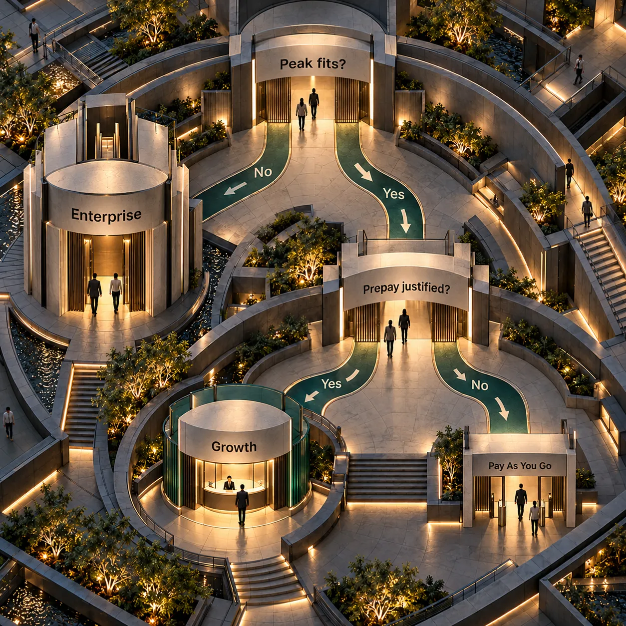 A physical decision path checks public-plan peak capacity, then whether Growth is justified, to choose a plan