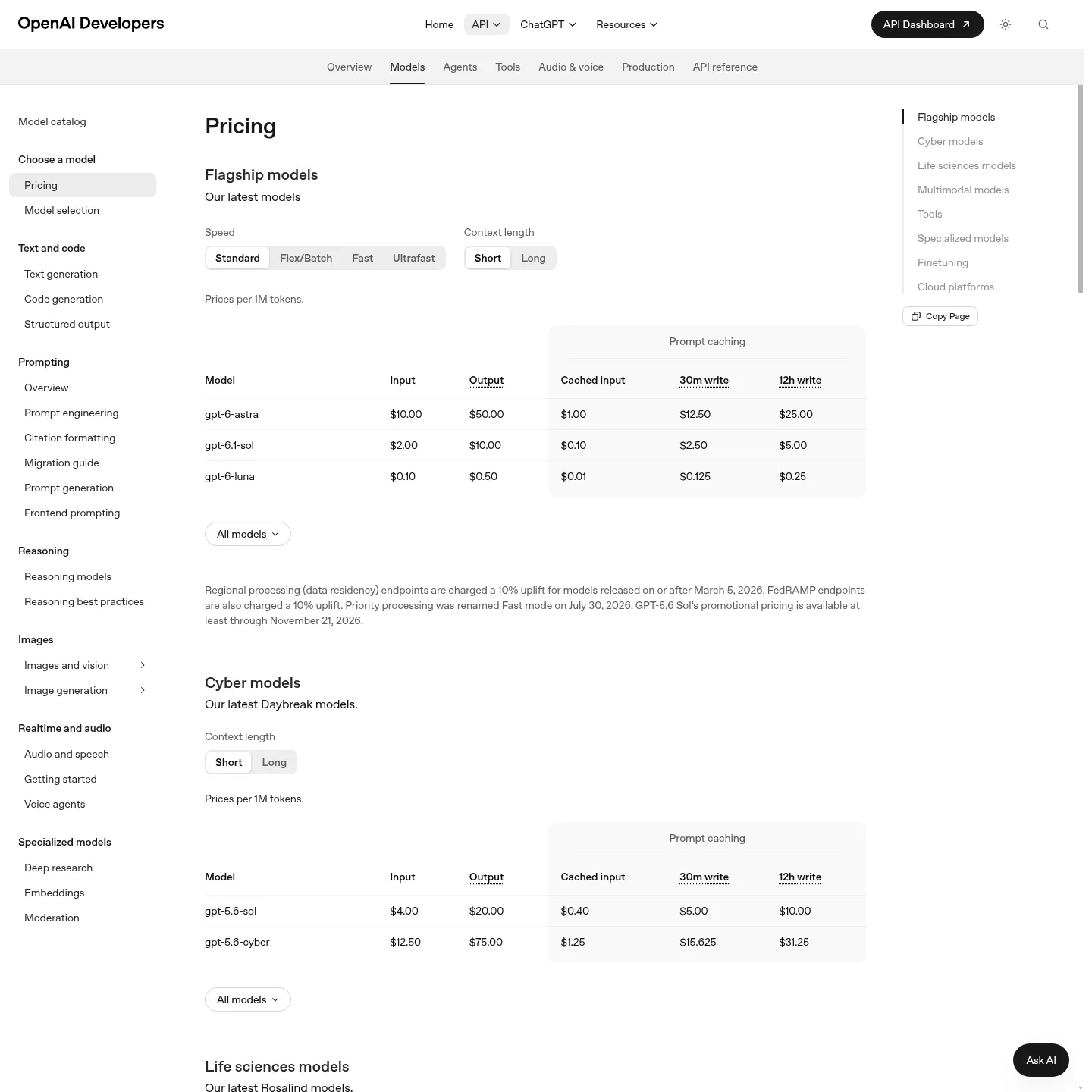 OpenAI's official API pricing page