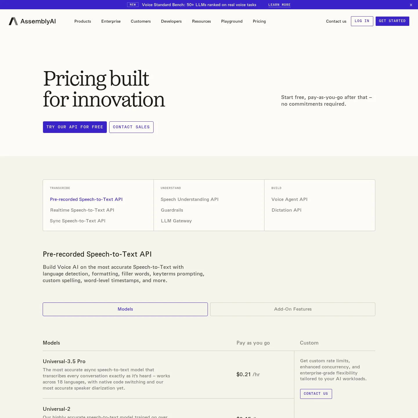AssemblyAI's official speech API pricing page