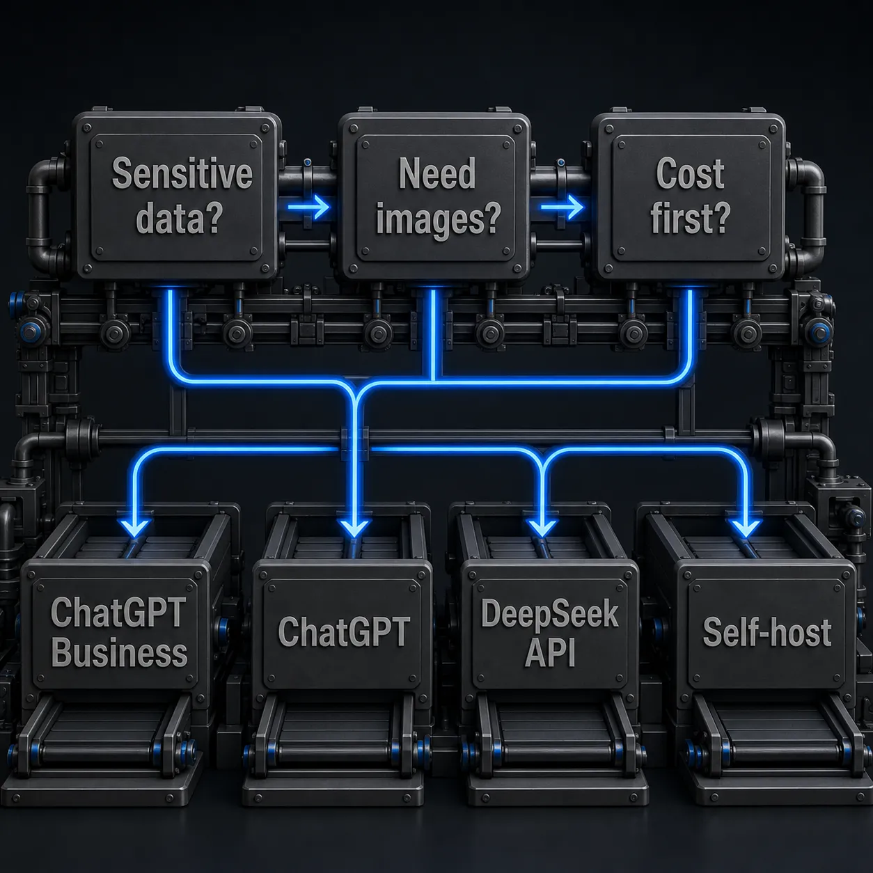 Diagramma decisionale che instrada dati sensibili, lavoro sulle immagini e carichi testuali orientati al costo verso ChatGPT Business, ChatGPT, API DeepSeek o DeepSeek in self-hosting