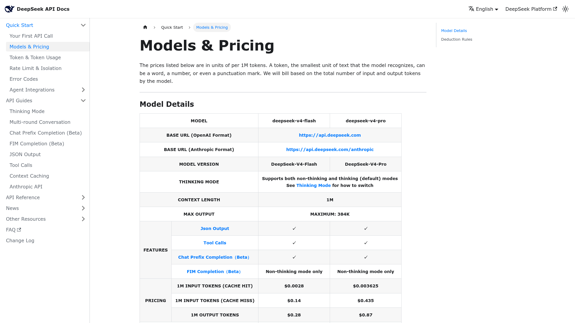 DeepSeek V4 API pricing page showing Flash and Pro token rates