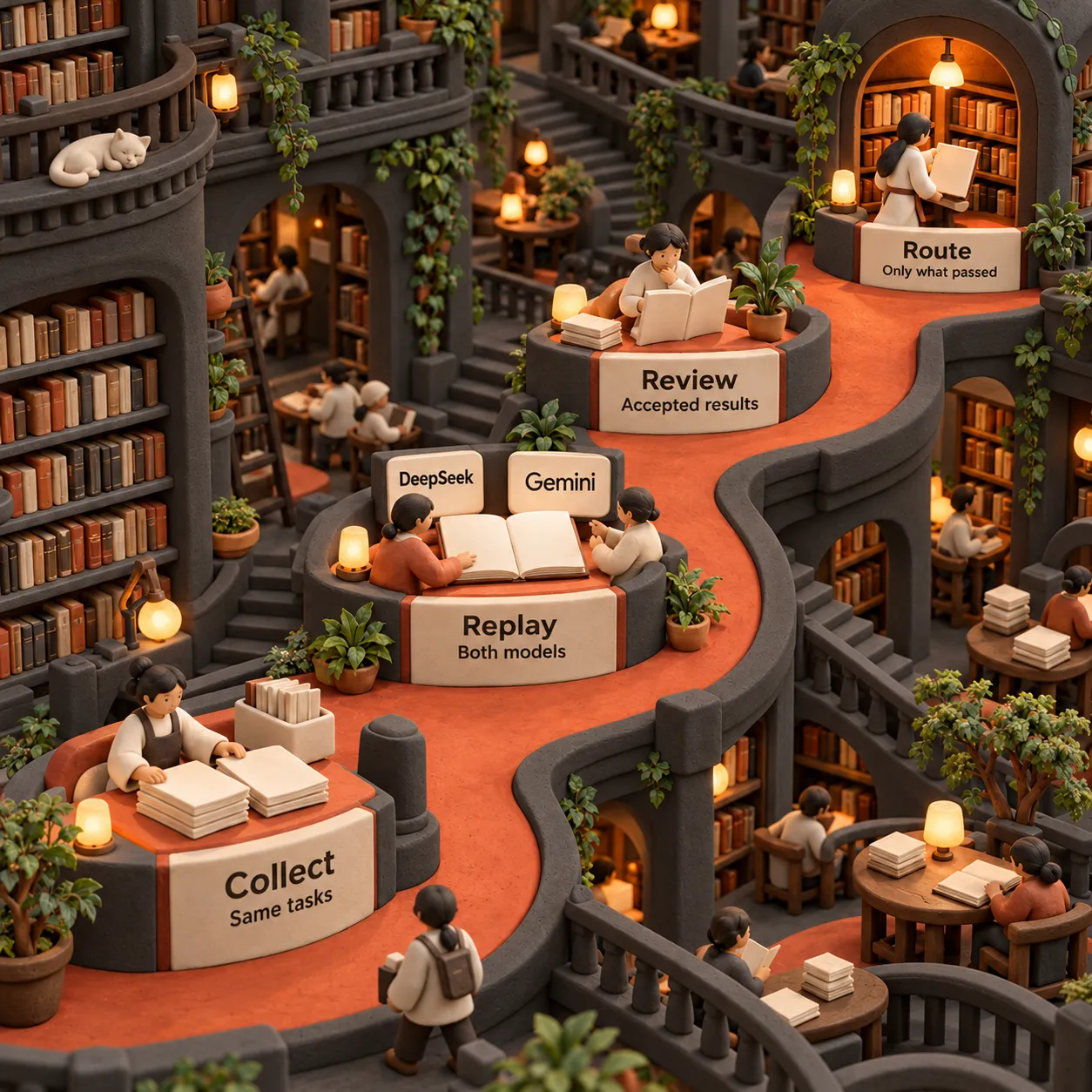 Four-step migration workflow in a clay library: collect the same tasks, replay both models, review accepted results, then route the work