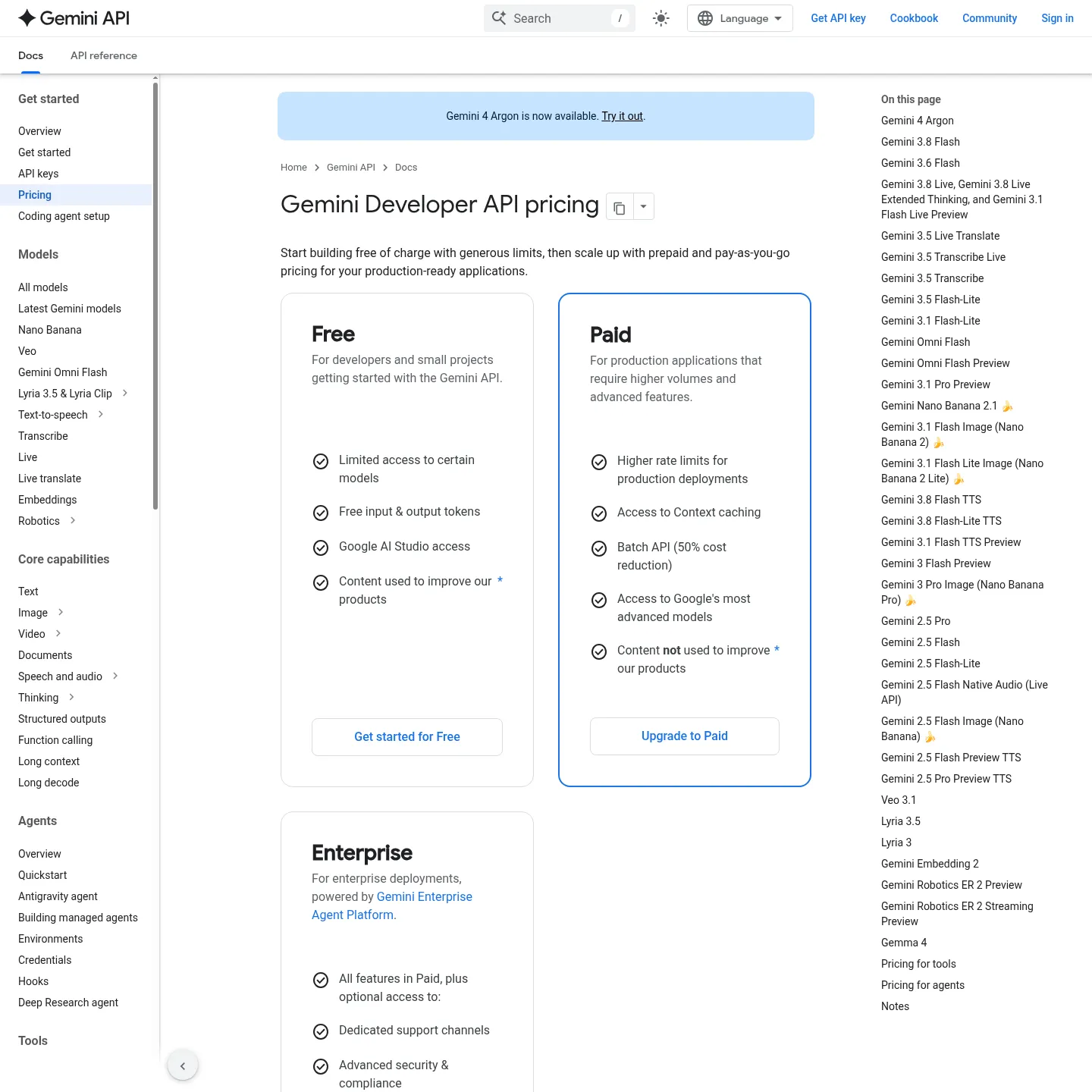 Google Gemini API pricing page showing Argon and Flash pricing and scheduled increases