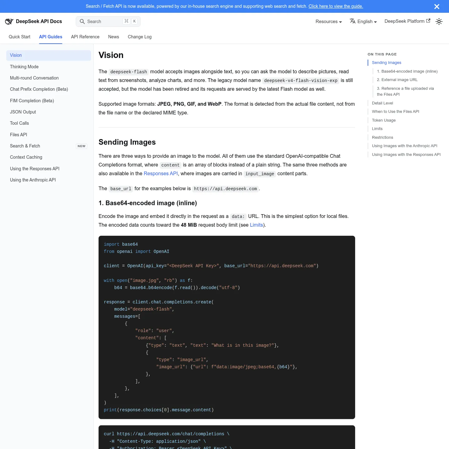 DeepSeek's official documentation for image input and its API restrictions.