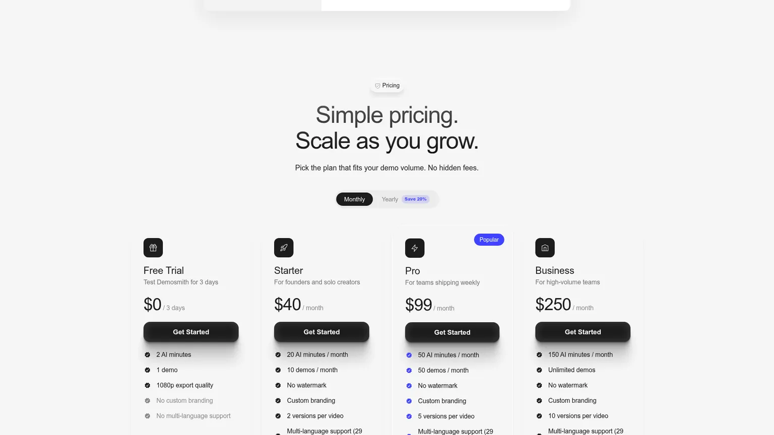Demosmith pricing page showing the Free Trial, Starter, Pro, and Business plans